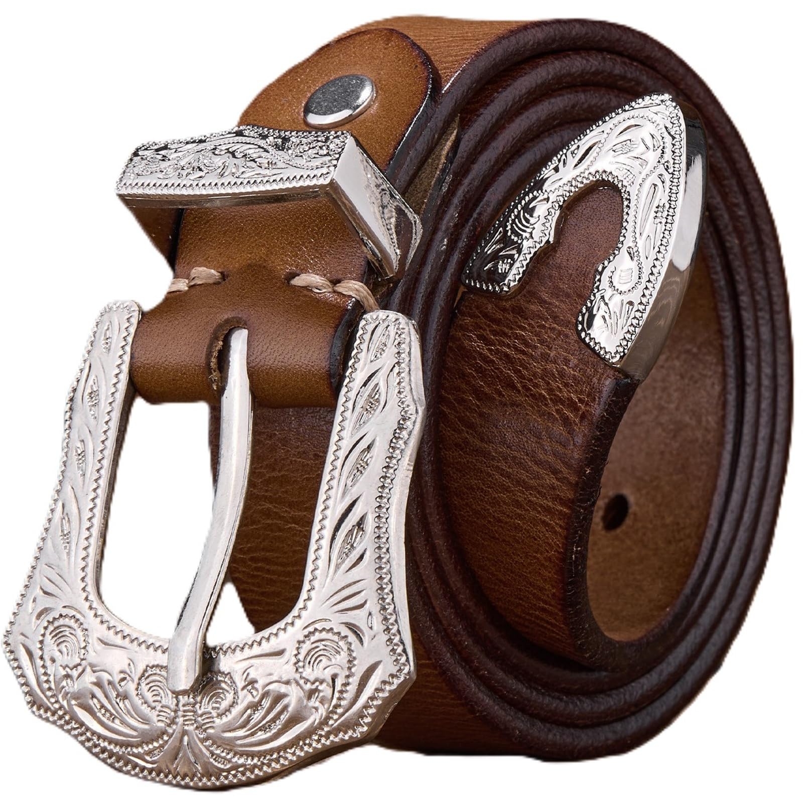 AGUTALITHIC Full Grain Leather Distressed Belt for Men,Carved Floral Silver Buckle,Heavy Duty Strap Daily Wear for Jean Pants(105cm/41, Brown)