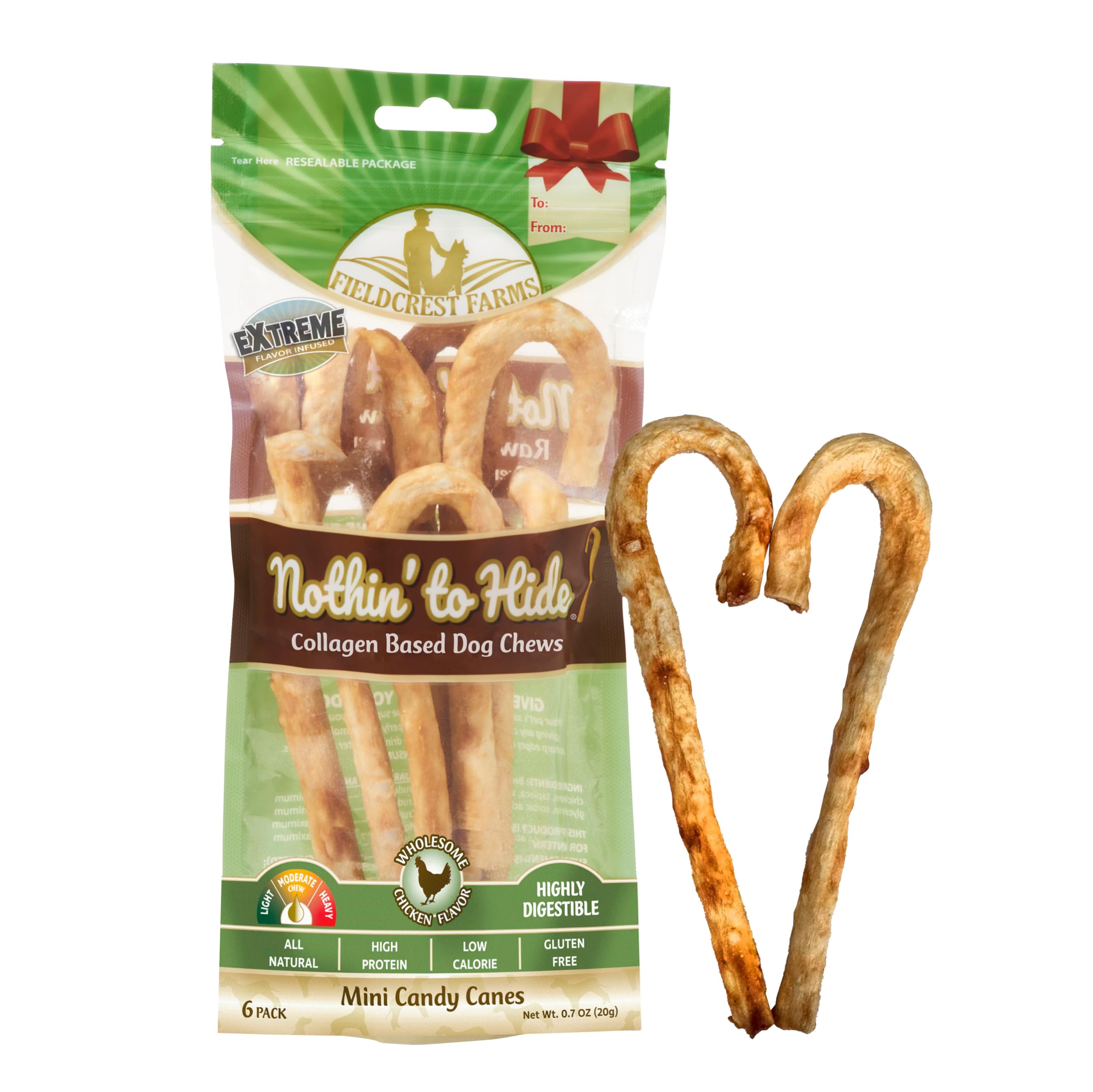 Nothin' to Hide Mini Holiday Candy Cane Chicken Flavor Dog Chews, Rawhide-Free, Easily Digestible, Long-Lasting, All-Natural Treats for Moderate Chewers up to 15lbs, 6-Ct