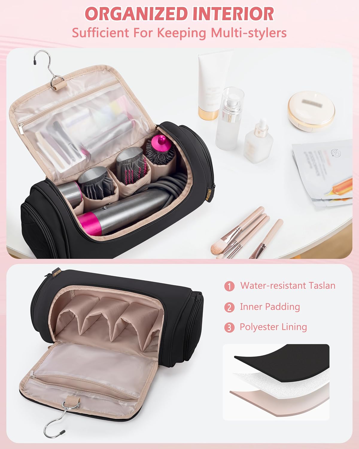 Marscamd Hair Tools Travel Bag Compatible with Dyson Airwrap Styler | Hair Tool Organzer with Hanging Hook for Multi-Stylers, Lightweight, Quilted, Black