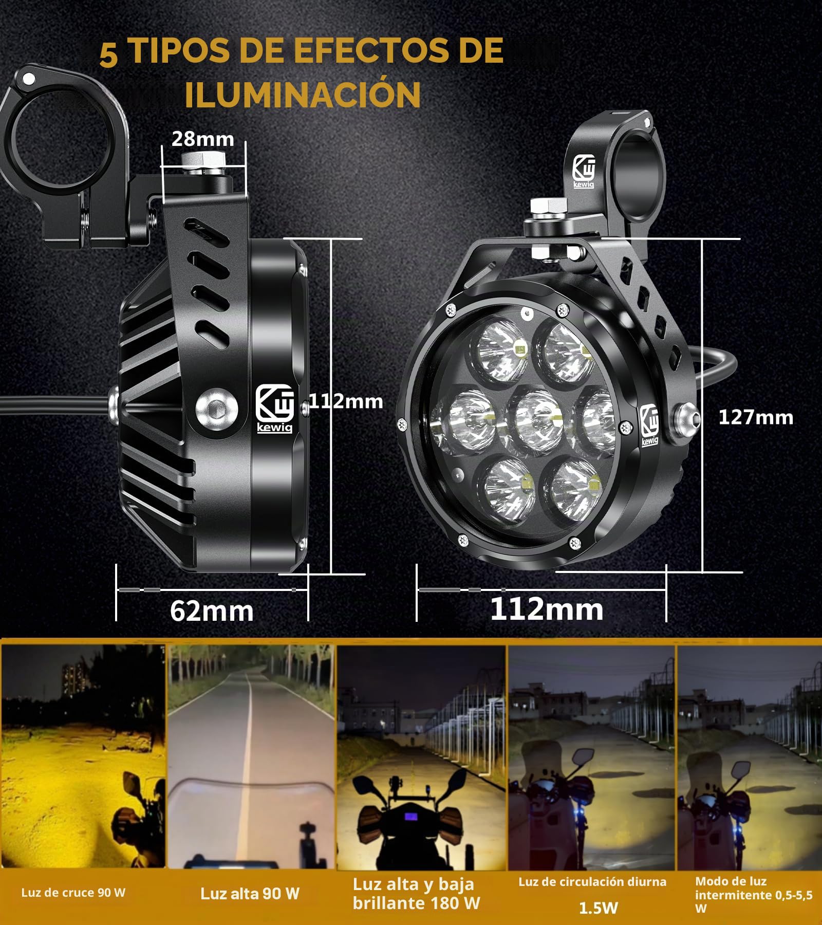 Kewig Luz adicional LED para motocicleta, 90 W, ámbar/amarillo blanco, faros auxiliares de dos colores, faros antiniebla con arnés de cables, faros de trabajo todoterreno, compatible con motocicleta