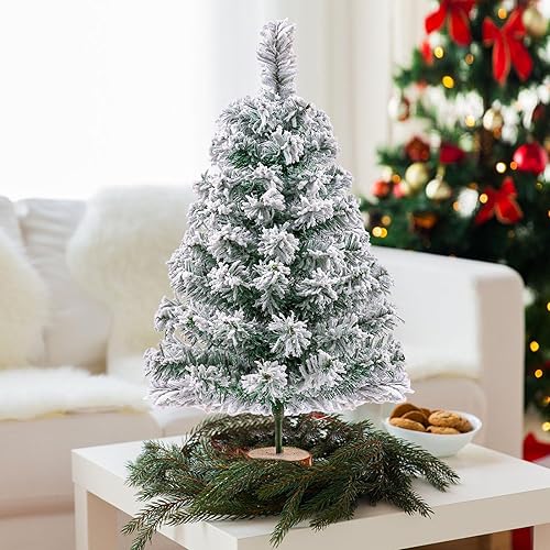 Miniatura 5 de Árbol de Navidad artificial de 2 pies, árbol de Navidad verde de mesa con nieve flocado, mini árbol de Navidad con soporte de madera para interiores