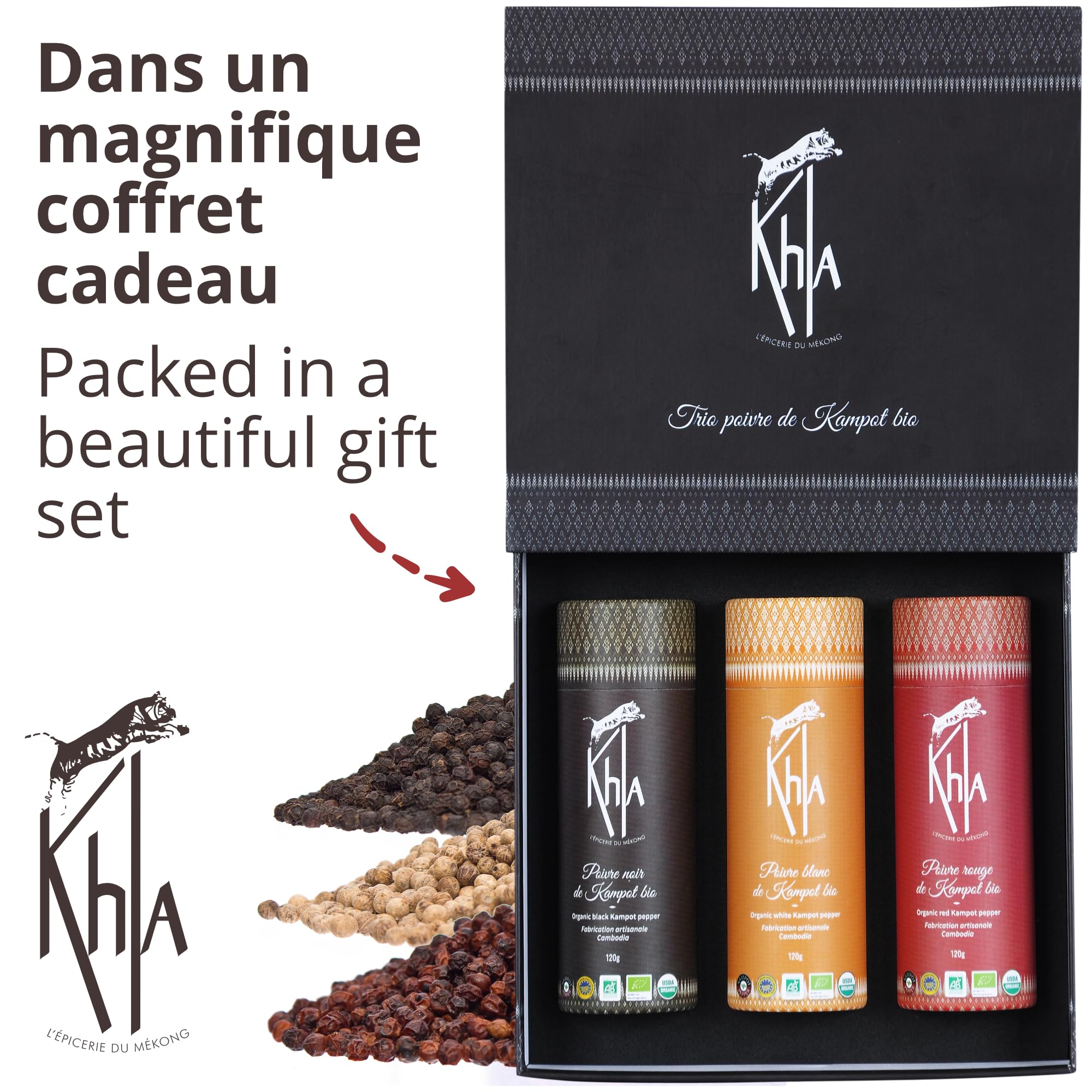 Khla - Coffret 3 Poivres de Kampot Bio - Coffret Idée Cadeau - Trio de Poivres en Grain 3 x 120g - Grands Crus, Rares - Poivre du Monde - Production limitée - Épice d’Asie Cuisine - Origine Cambodge