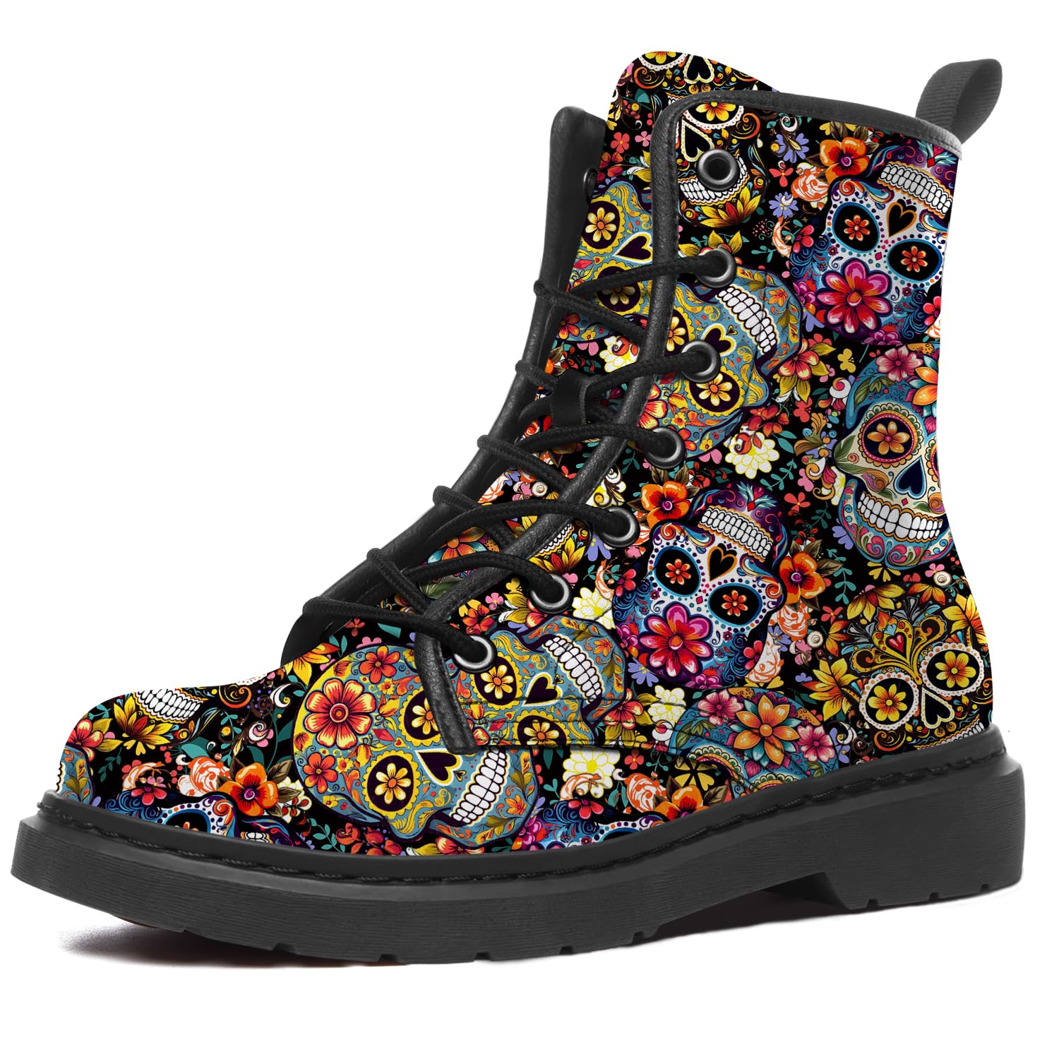 Women's Men's Sugar Skull Boots Skull Combat Boot Lace Up Fashion Ankle Leather Boots