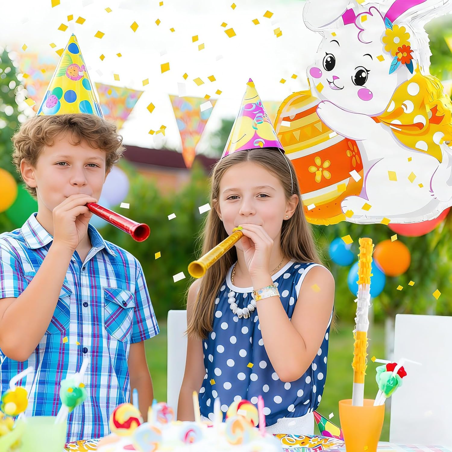 96pcs Easter Bunny Piñata Set Easter Piñata with Blindfold Hitting Stick Confetti Eggs Bracelets Photo Props for Birthday Decoration School Spring Party Game (14.17x11.8x2.76 inch)