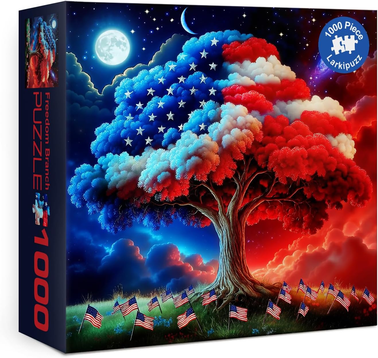 Tree of Life Puzzles for Adults 1000 Pieces, United States Patriotic American Flag Jigsaw Puzzle, Challenging USA Plant Stars Moon Galaxy Puzzle