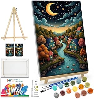 JOOZ Landscape Paint by Numbers Kit for Adults with Frame, 8x12 Inch | Moon Paint by Number with Easel, Lake Adult Paint by Number Kits Framed Canvas, Oil Painting Kits, Home Wall Decor