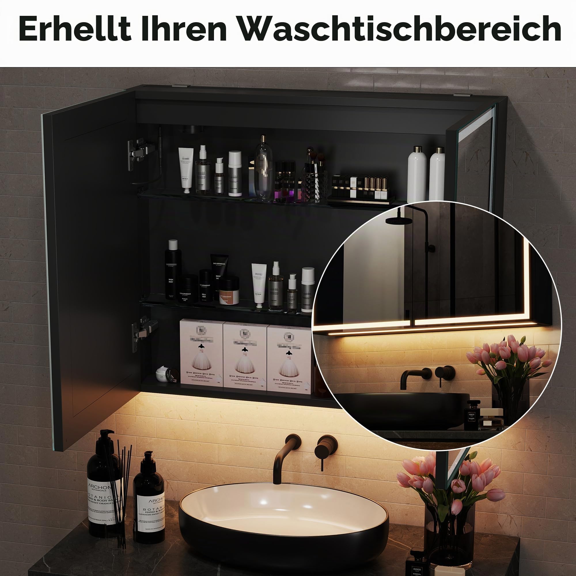 STARLEAD Spiegelschrank Bad mit Beleuchtung LED 80 x 60 cm – Schwarz Matt Aluminium Badezimmerschrank mit Steckdose, Anti-Beschlag Funktion, Dimmbar, 3 Lichtfarben, IP44 & Soft-Close