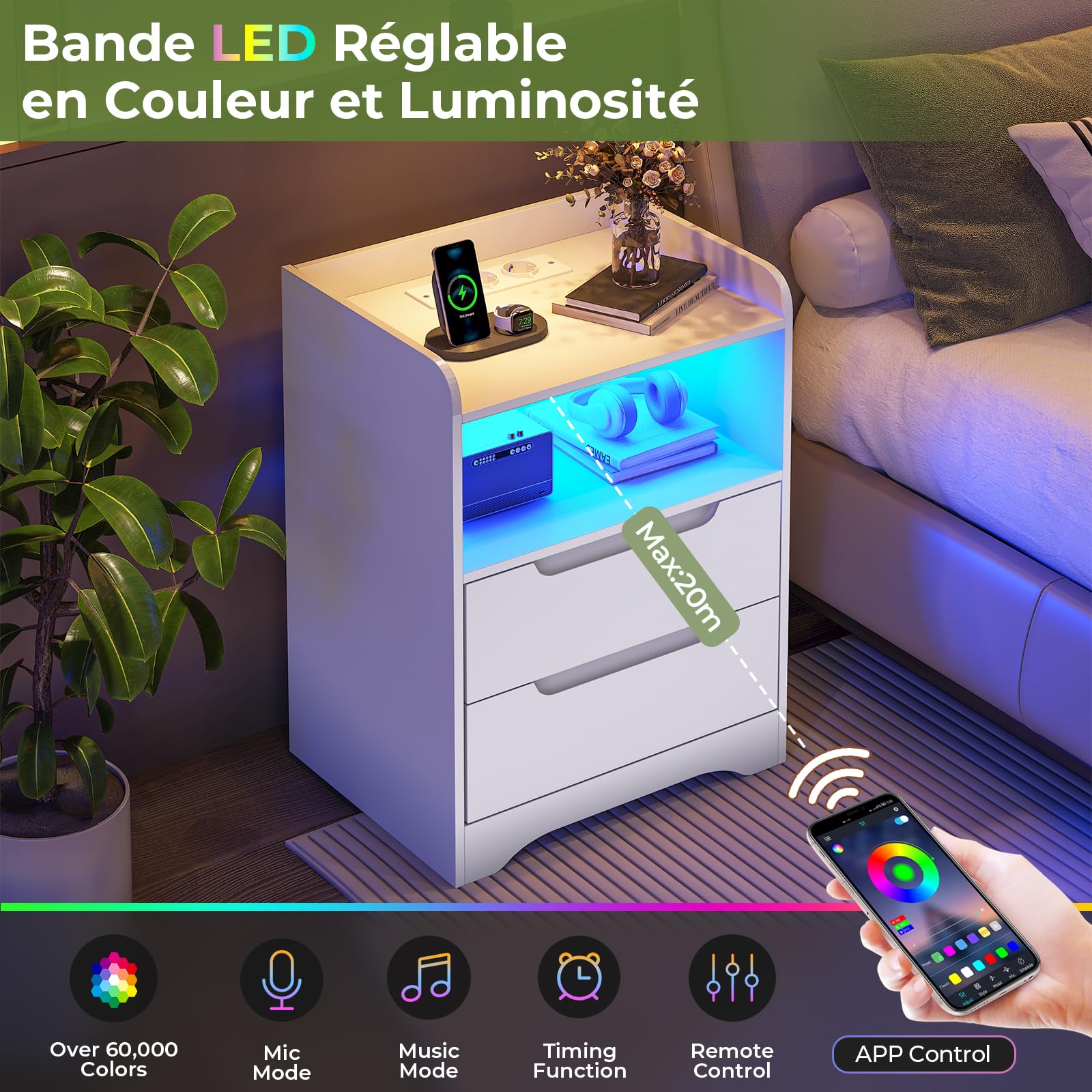 Brinlawb Table de Chevet Lot de 2 avec lumières LED et Multiprise (2 Prises CA, 2 Ports USB) Table de Nuit Lot de 2 avec 1 Compartiment Ouvert et 2 Tiroirs pour Salon, Chambre, Bureau, Moderne, Blanc