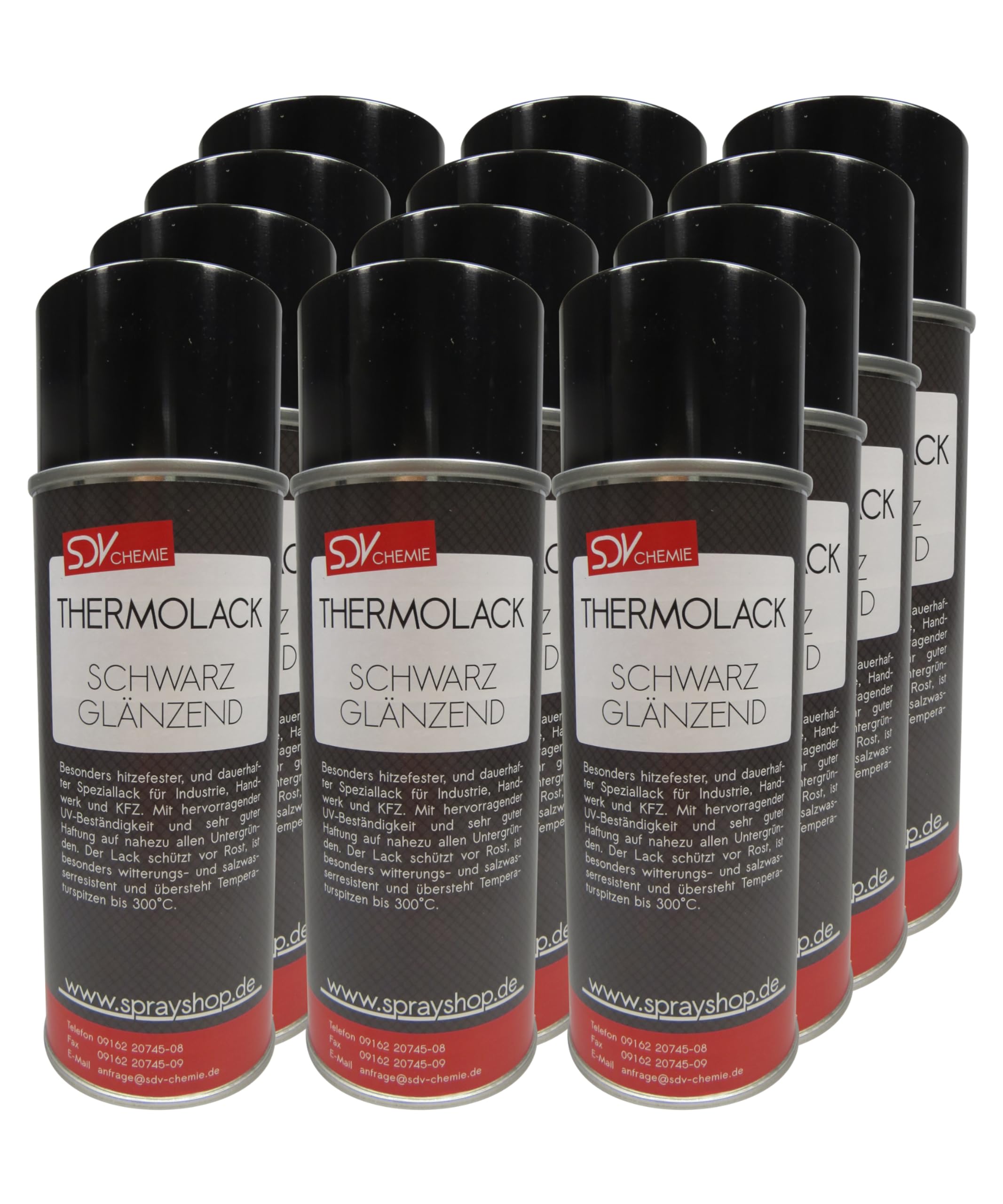 SDV Chemie Thermolack Spray schwarz glänzend bis 300°C 12x 400ml Auspufflack Ofenlack Motorlack Grill Lack