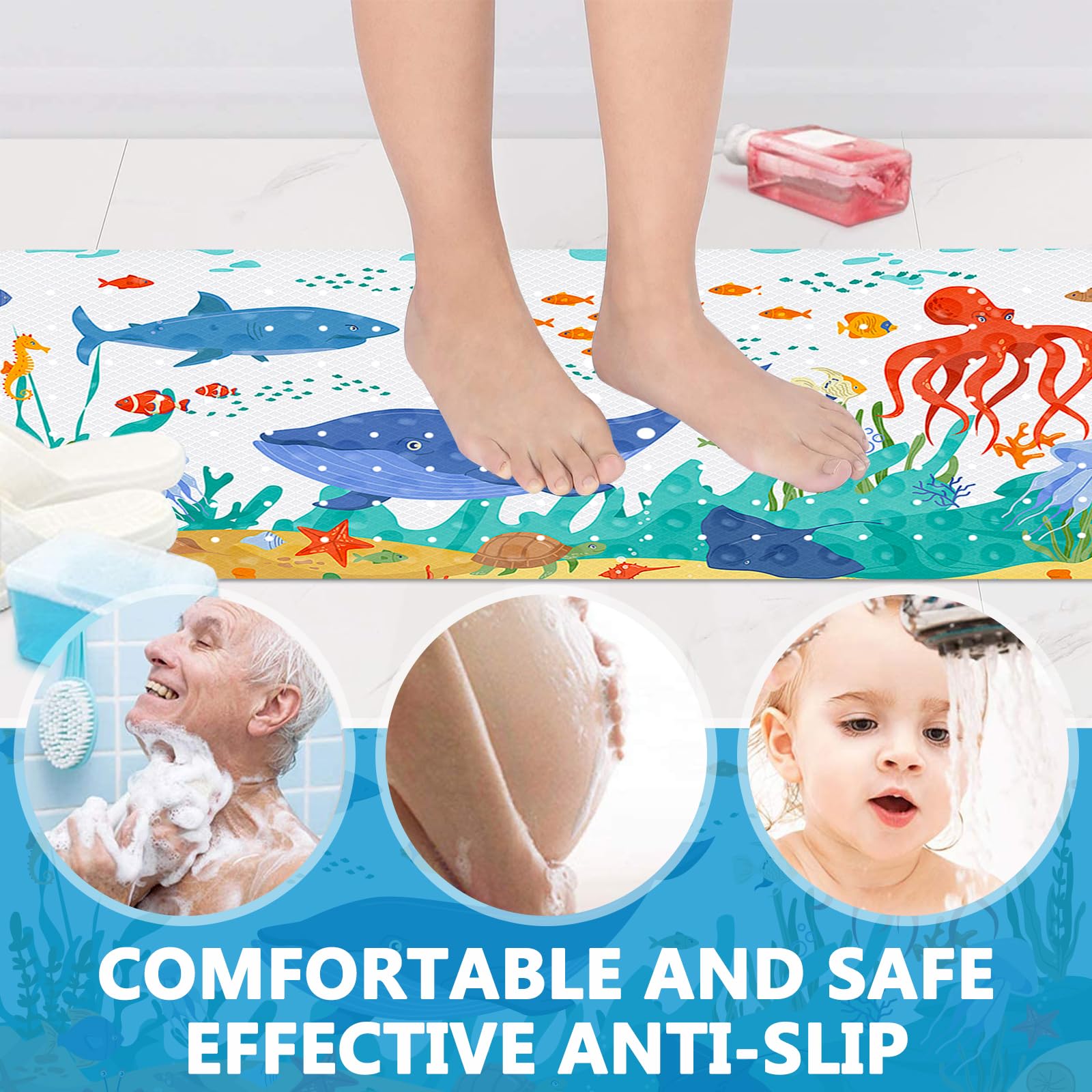 Tapis de Bain Antidérapant pour Enfants 100x40cm PVC 200 Ventouses Lavable en Machine