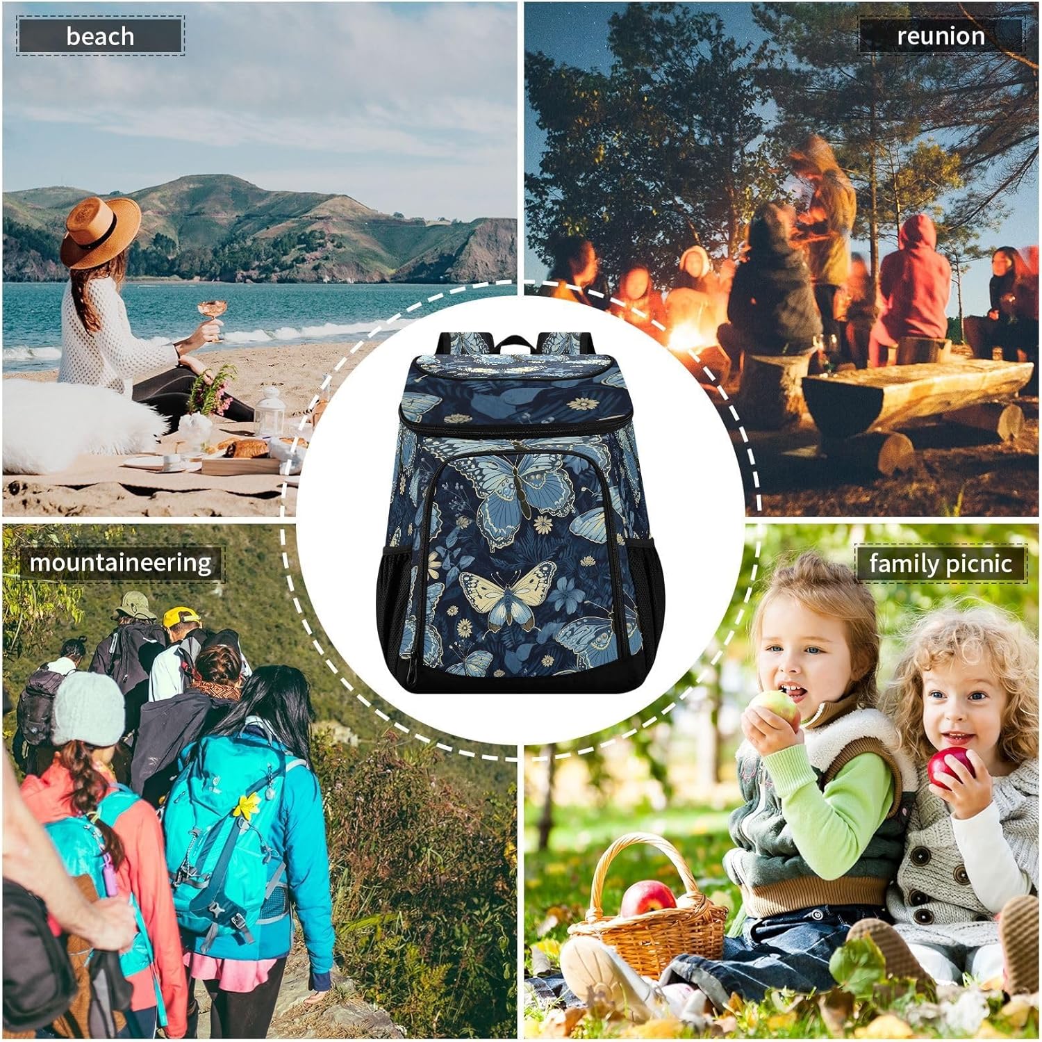 Blue Gold Butterfly Cooler Backpack 36 Cans Leakproof Waterproof Backpack Cooler Bag Beach Accessories Travel Camping Fishing Backpack for Women Men