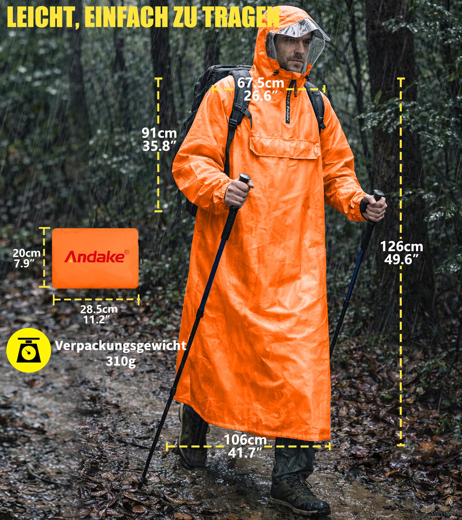 Andake Poncho de Pluie Homme et Femme, Imperméable Cape de Pluie à Manches, Adapté pour le Vélo et la Randonnée