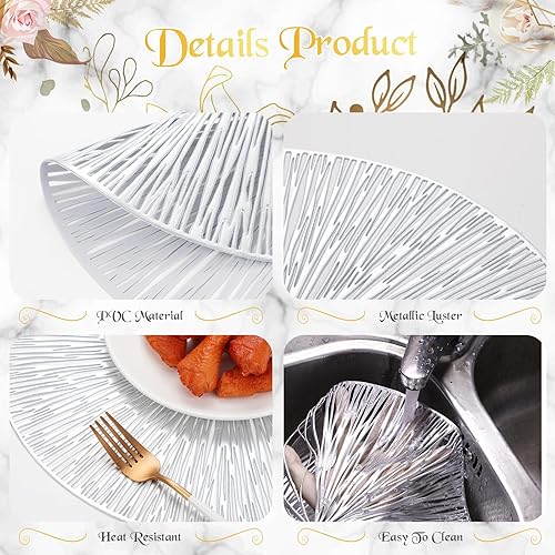 Miniatura 3 de Jinei 24 manteles individuales redondos de vinilo prensado dorado plateado huecos metálicos para decoración de mesa para San Valentín, boda,