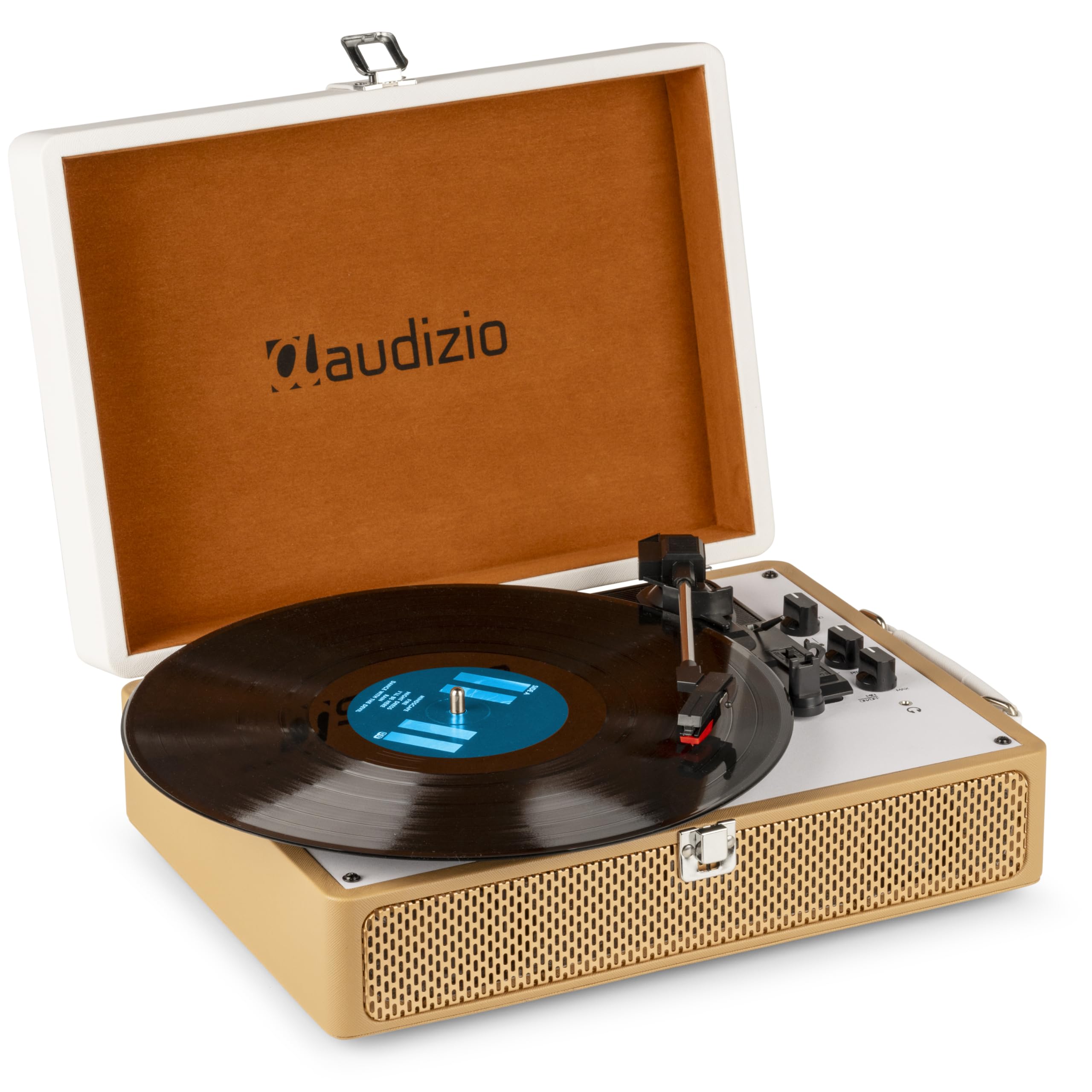 Audizio RP119 - Tocadiscos Retro con Altavoz Bluetooth de Vinilo para Enviar y Recibir, 3 velocidades 33/45/78, formatos 7''/10''/12'', AUX de 3,5 mm y RCA/Cinch - Bronce/Cuero