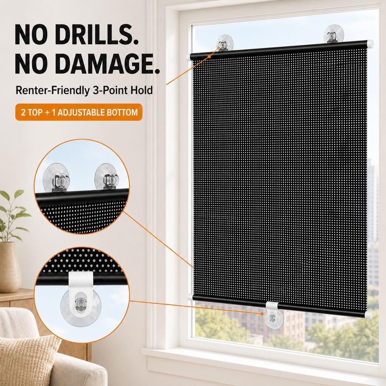Store Enrouleur Tamisant sans Perçage avec 3 Ventouses, Store Réglable sans Cordon pour Fenêtre, Pare-Soleil Rétractable en PVC Anti-Éblouissement, Protection de l'Intimité(W 70 x 100 cm)