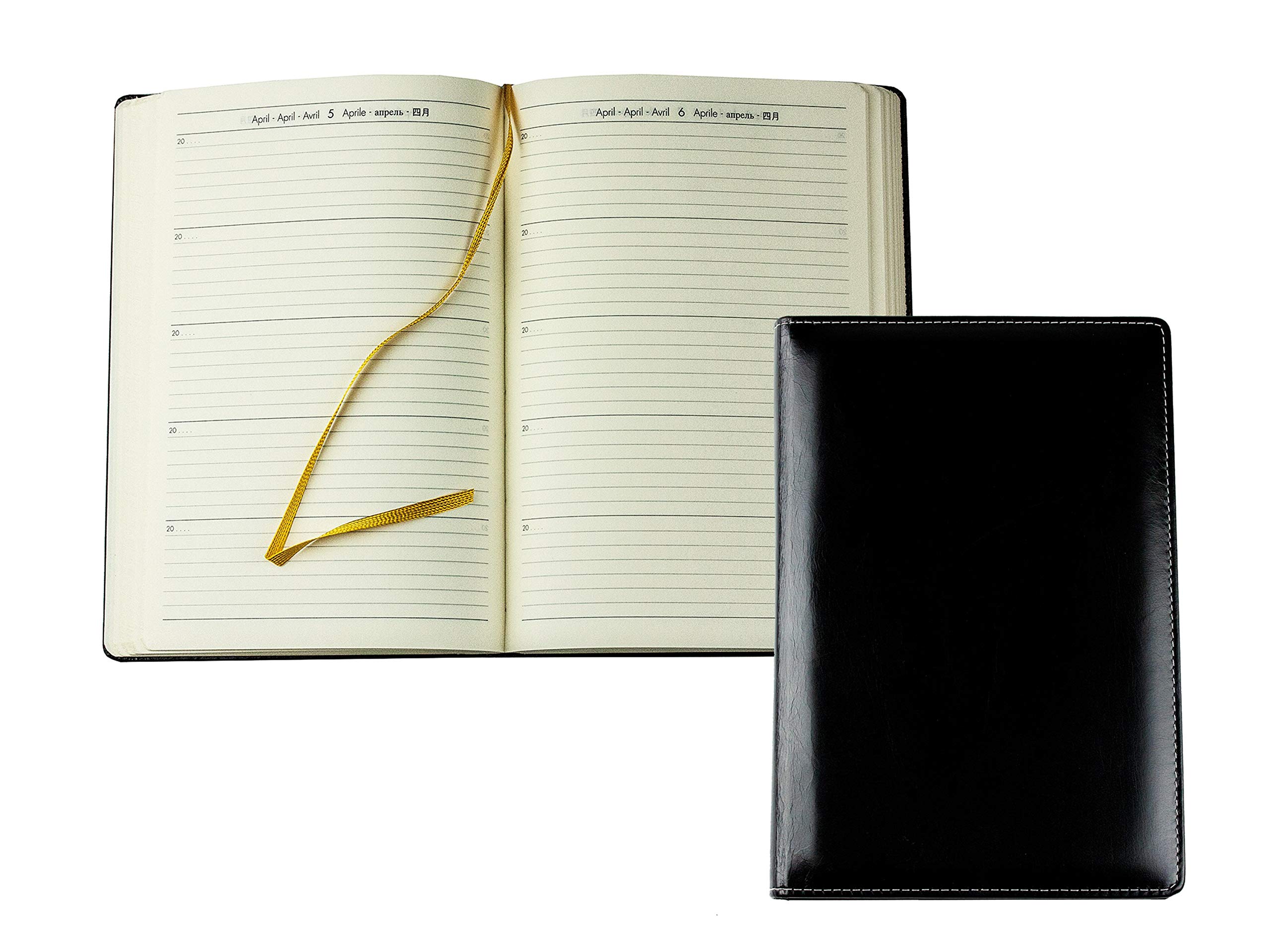 DELMON VARONE - 5 Jahres Kalender "immerwährend" gebunden Anilin Leder schwarz - Organizer Terminplaner (1 Tag 1 Seite) - Buchkalender Tagebuch mit Tagesübersicht - Notizbuch Kalenderbuch für 5 Jahre