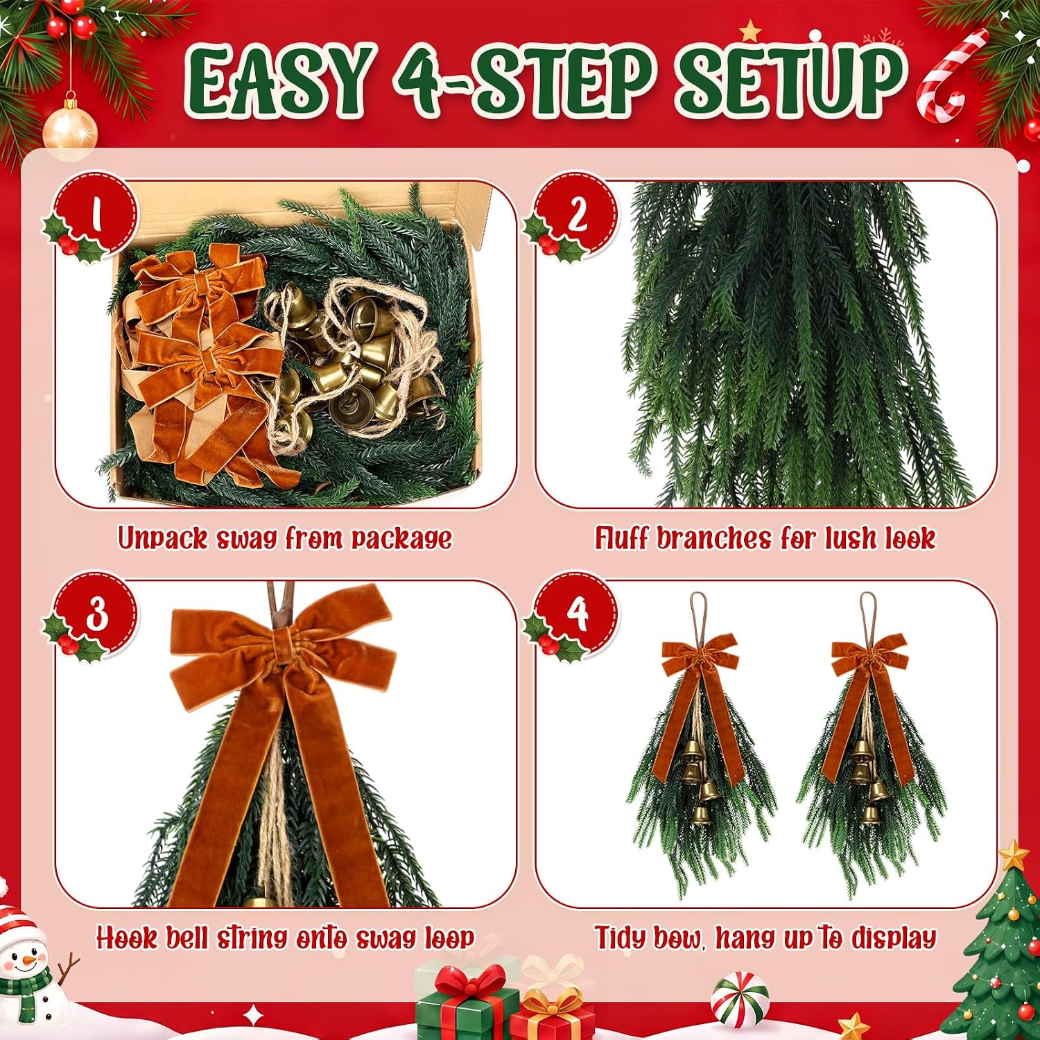 Cindeer 6 Pack 20" Christmas Teardrop Swag Indoor Outdoor Decor, Brown