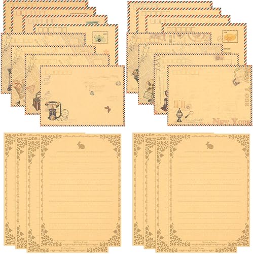 Miniatura 1 de Juego de 48 piezas de papel y sobres de papelería de estilo vintage, 32 papel de escritura estacionario forrado con 16 sobres, papel de aspecto