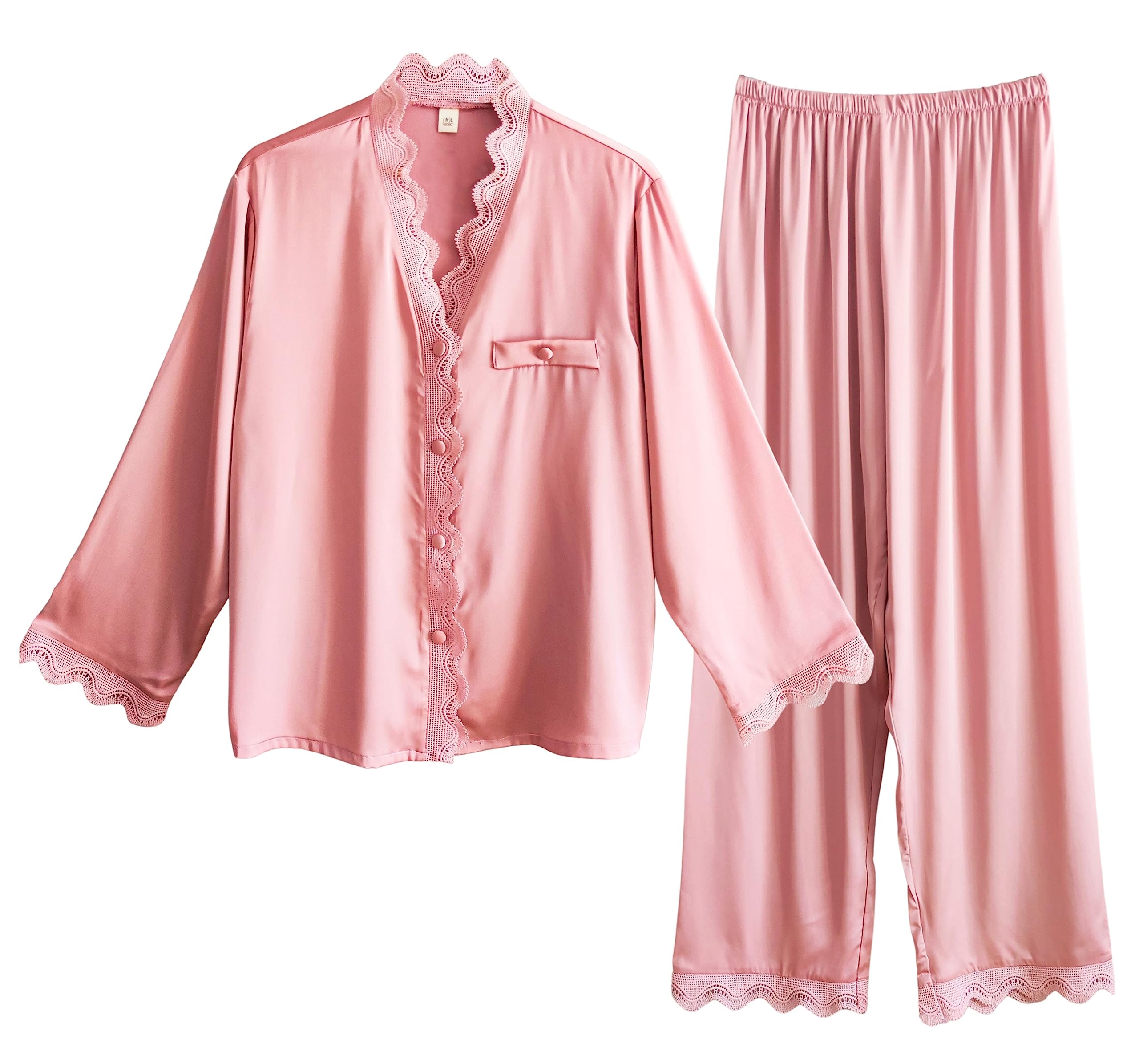 Laura in Pijama para Mujer de Seda satén, Conjunto de 2 Piezas, Camiseta Abotonada y Pantalones con Encaje Bordado Elegante y fluida.