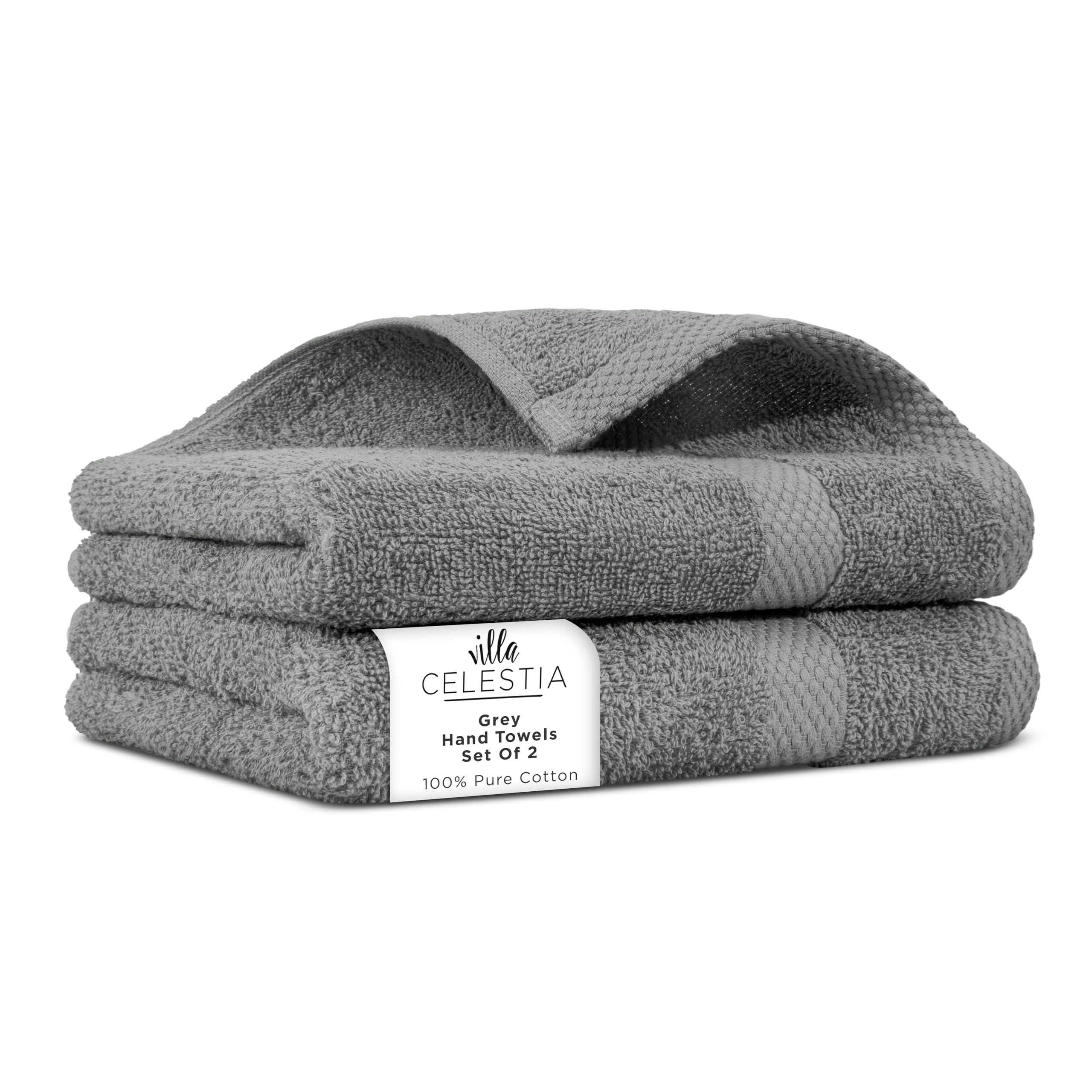 Villa Celestia Cotton Hand Towels Set of 2, 16 x 28, Oeko-TEX Certified, Quick Dry, Grey
