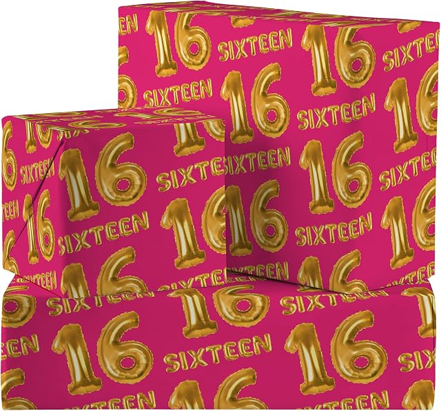 Hunts England - 2 Sheets Of 16th Birthday Fun Wrapping Paper For Her - Pink - Includes 2 Gift Tags - Age 16 Folded Gift Wrap For Girl - Balloon Collection - Age Sixteen Kids Gift Wrap