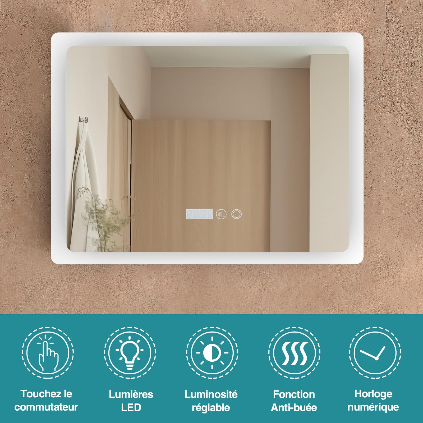 YOURLITE Miroir Salle de Bain LED 80x60 cm Dimmable 3 Couleurs Antibuée Affichage Horloge Température IP44 Blanc