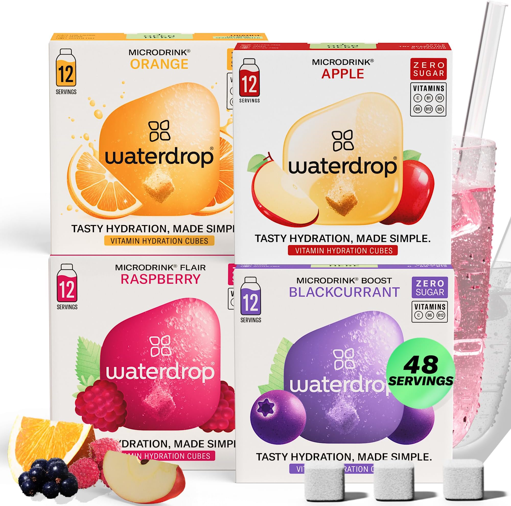 waterdrop® Microdrink Classic Fruit Mix Set - 48 Water Flavouring Hydration Tablets, Flavoured Water Cubes in Orange, Apple, Raspberry & Blackcurrant Flavours, Vitamin C & B, Vegan, Sugar Free