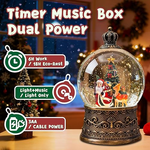 Miniatura 4 de Globo de Nieve Navideño con Linterna, Decoraciones de Navidad de Santa Claus y Renos para Interior, Globos de Nieve Musicales Iluminados con Árbol
