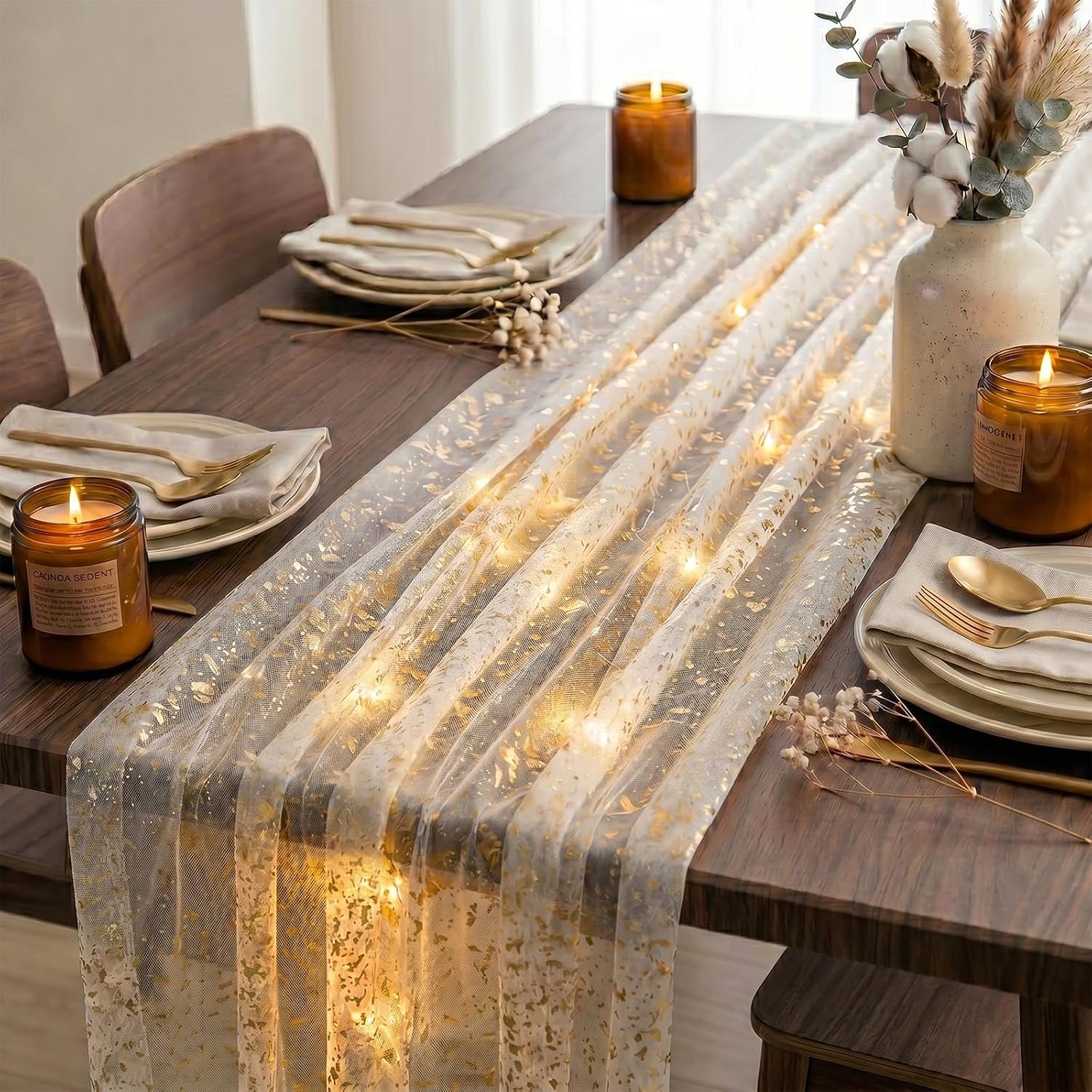 Artscope Lighted Beige Gold Gauze Table Runner,Glitter and Foil Table Decor for Weddings Anniversary Birthday and Holiday Party Decorations – 28" x 120"