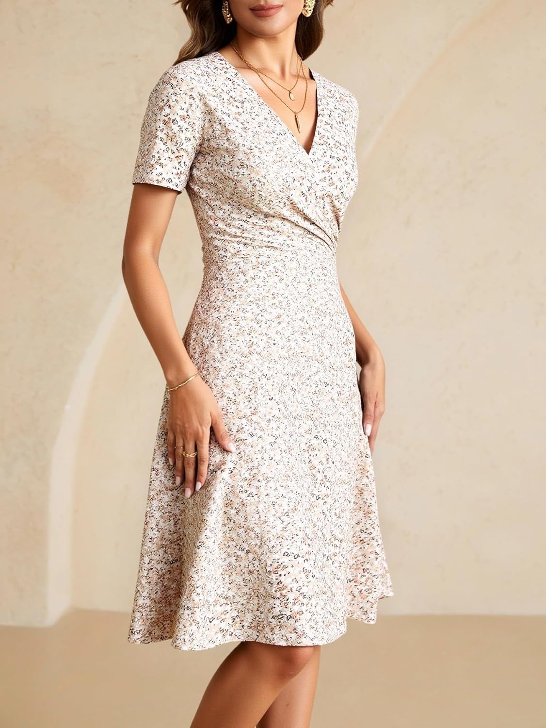 Women's Summer Floral Wrap V Neck Dress Elegant Short Sleeve A Line Flowy Boho Vacation Sundress - Image 3