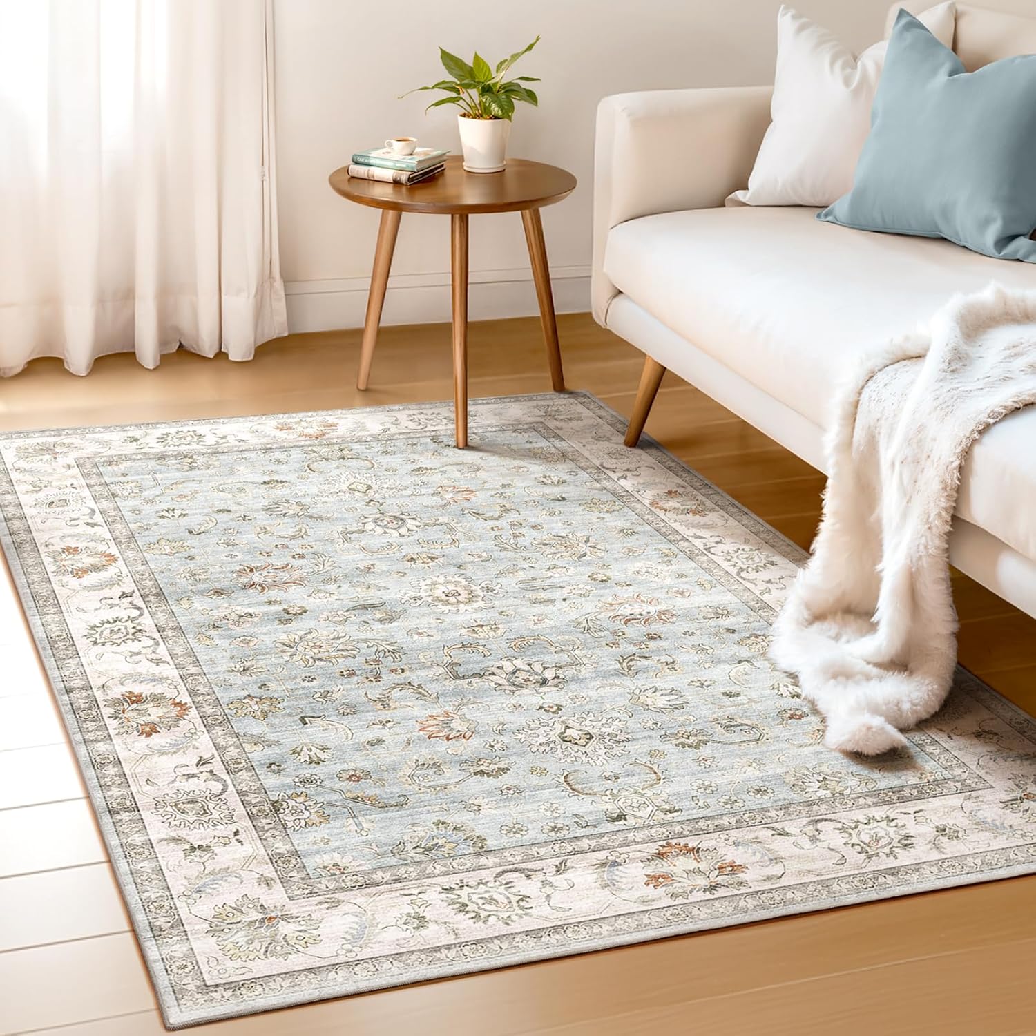 WITSHOCK Washable 4x6 Area Rugs Non Slip Low Pile - Soft Foldable Floor Rug for Bedroom, Living Room, Dining Room & Dorm, Light Blue Rug with Anti-Skid Backing (Indoor Decor) Light Blue/Light Ivory/Beige 4' x 6' (Rectangular)