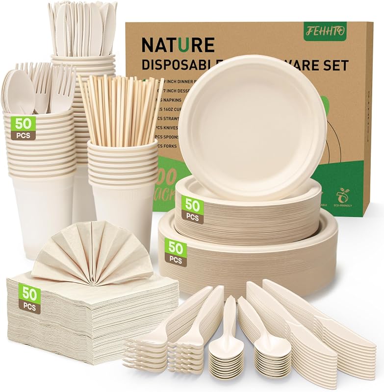 400PCS Disposable Paper Plates Set, Compostable Eco-friendly Dinnerware Set, Biodegradable Heavy-Duty Paper Plates, Utensils, Cups, Napkins, Straws for Party Camping Natural Brown