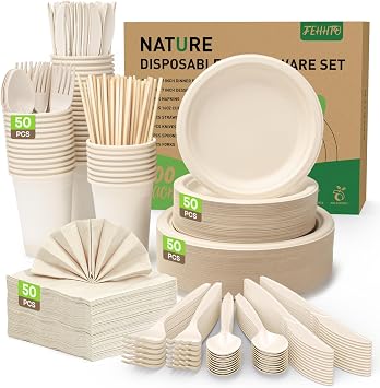 400PCS Disposable Paper Plates Set, Compostable Eco-friendly Dinnerware Set, Biodegradable Heavy-Duty Paper Plates, Utensils, Cups, Napkins, Straws for Party Camping Natural Brown