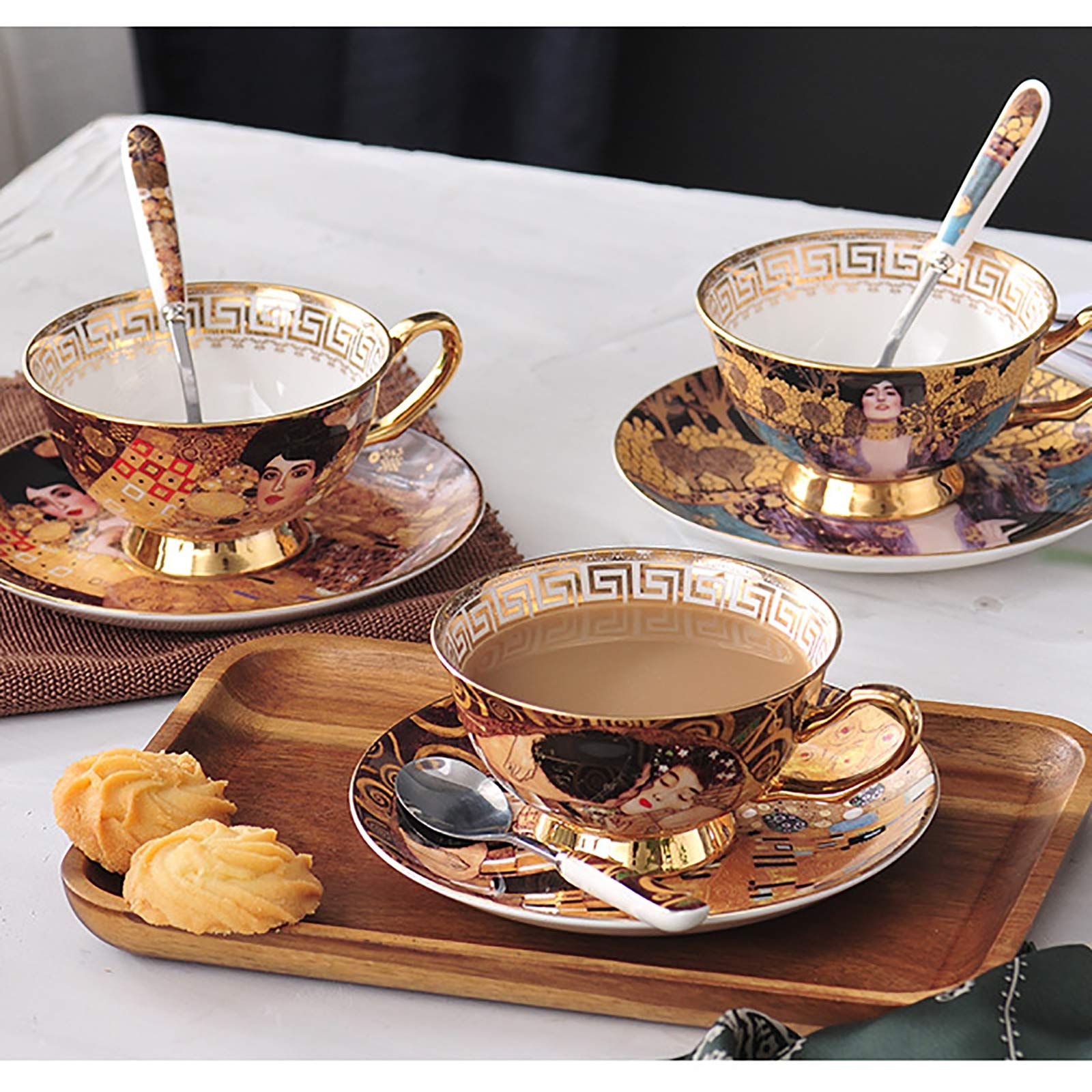 JTBDWOSK Kaffee-Set Tee, Bunte Kreative Knochen China Vintage Drinkware Golden Mit Löffel Elegante Tazze Tassen Und Untertassen Bone China Teetasse Bone China Black Tea Cup,B Küche, Haushalt & Wohnen
