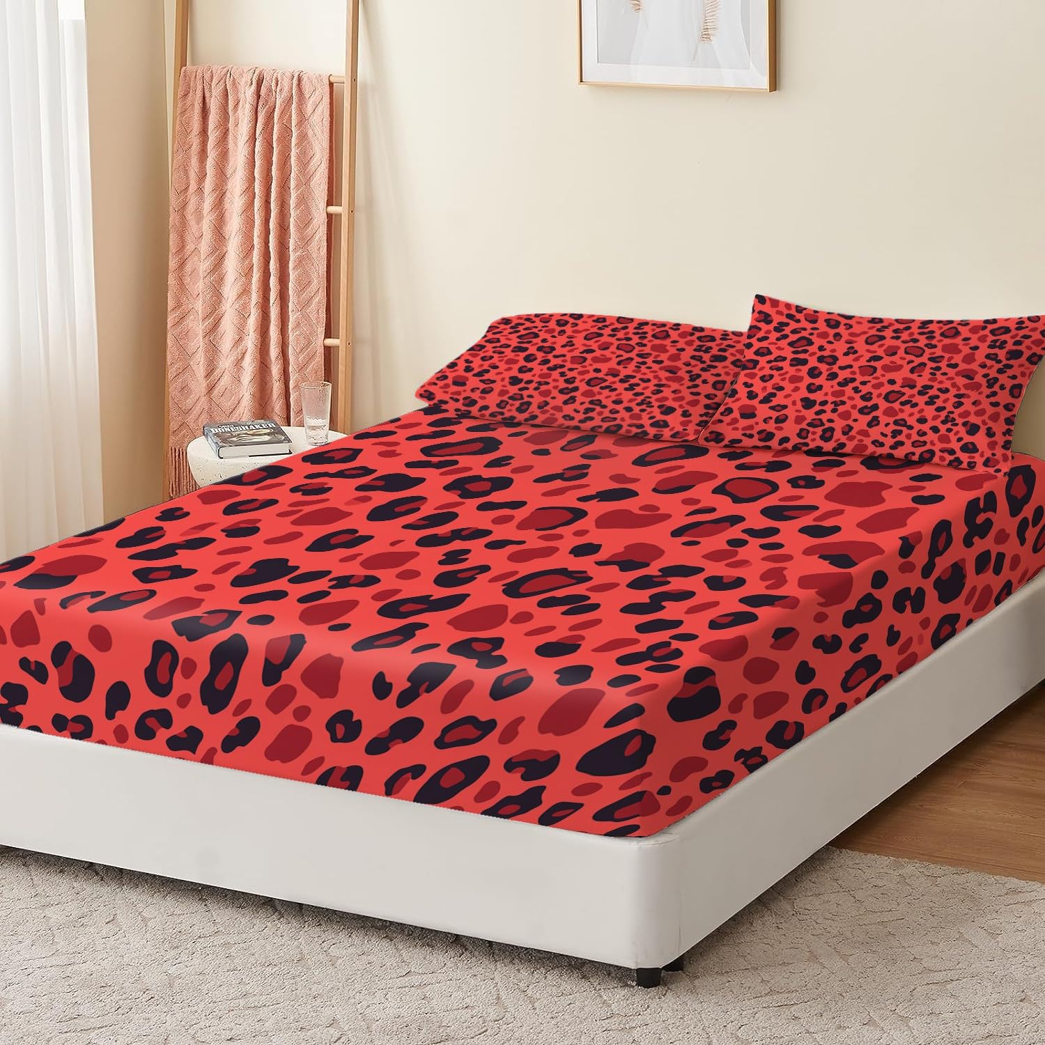 Lenzuolo con angoli profondi stampato con bellissimo motivo leopardato, 3 pezzi, con 2 federe, lenzuola in tessuto rosso in microfibra spazzolato extra morbido, 160 x 200 + 30 cm