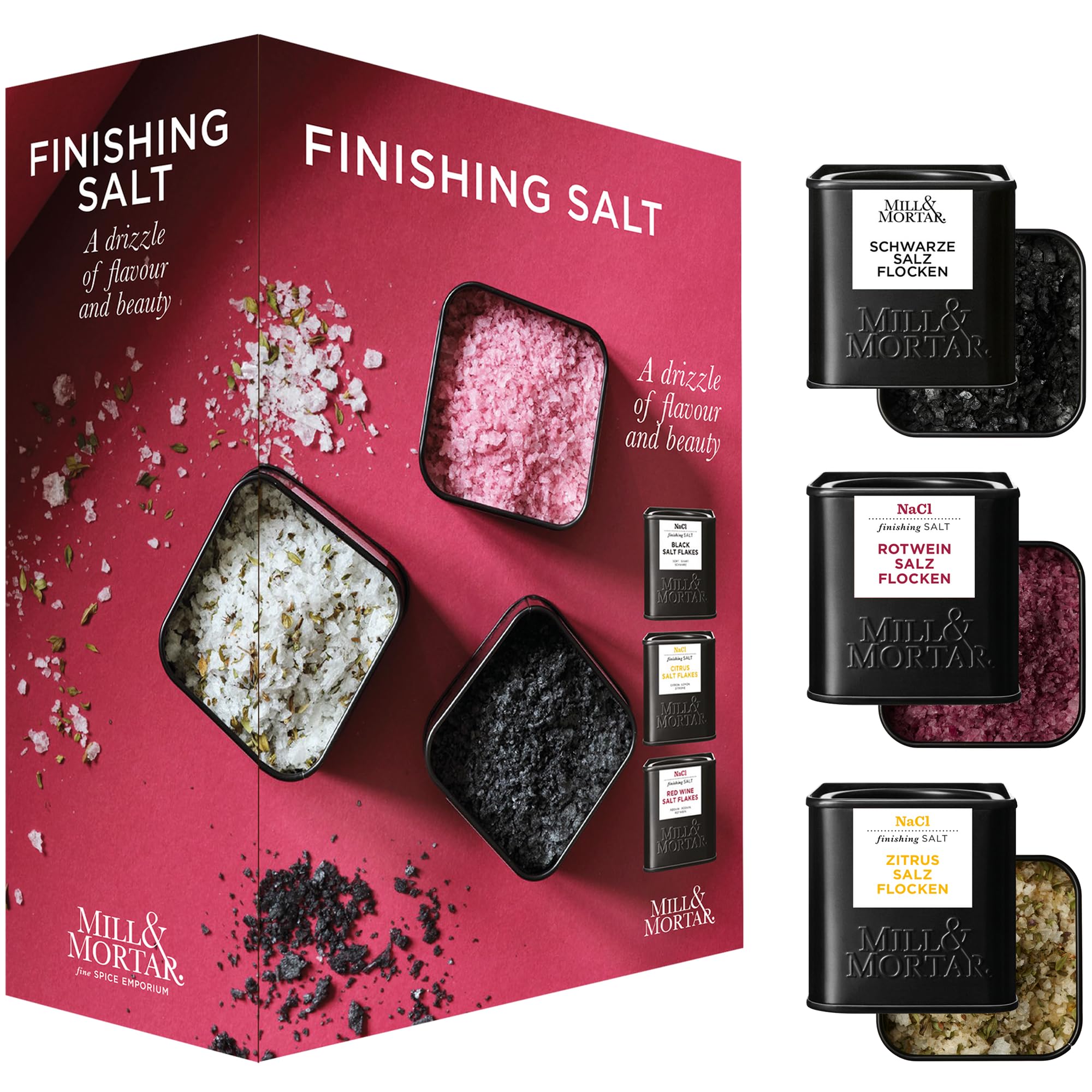 Mill & Mortar Finishing Salts Geschenkset, 3 Gourmetsalze aus Spanien | Schwarzes Salz, Rotweinsalz, Zitrussalz, spanisches Flagesalz, für Fleisch, Fisch, Salate & Desserts, für Frauen & Männer