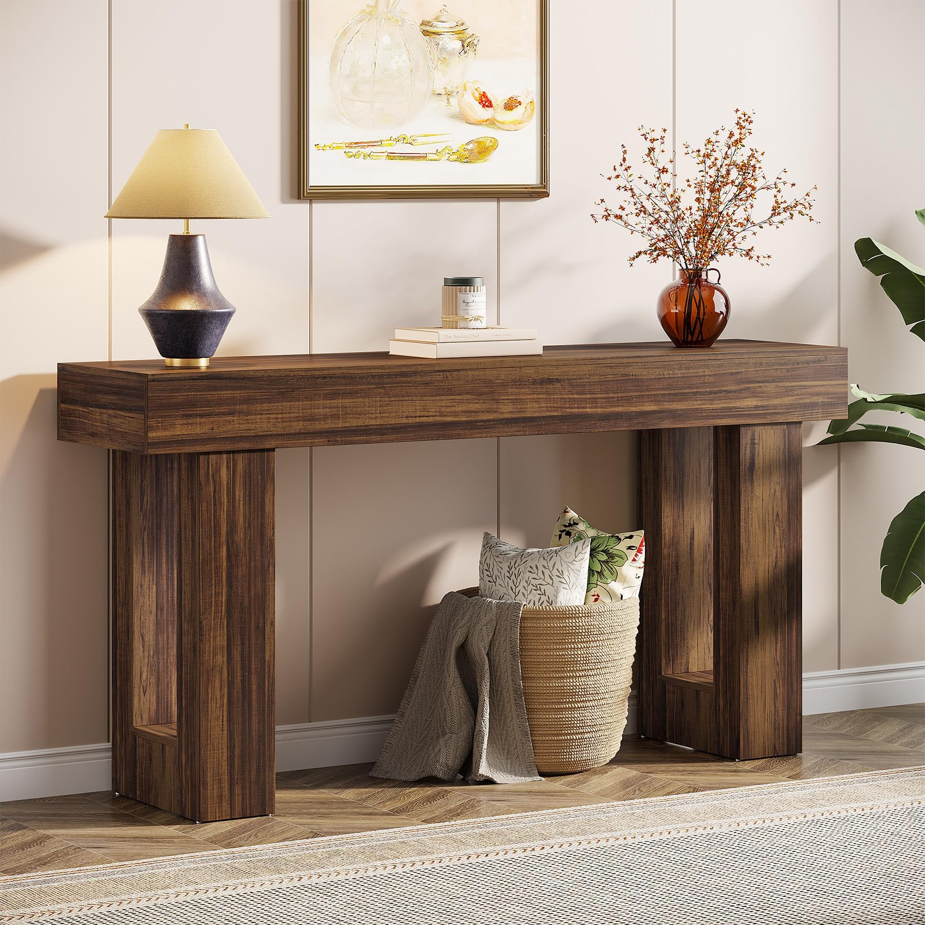 63-Inch Long Console Table, MDF Wood Grain Rectangular Sofa Table Behind The Couch, Farmhouse Entryway Table for Entrance, Hallway, Living Room (Rustic Brown)