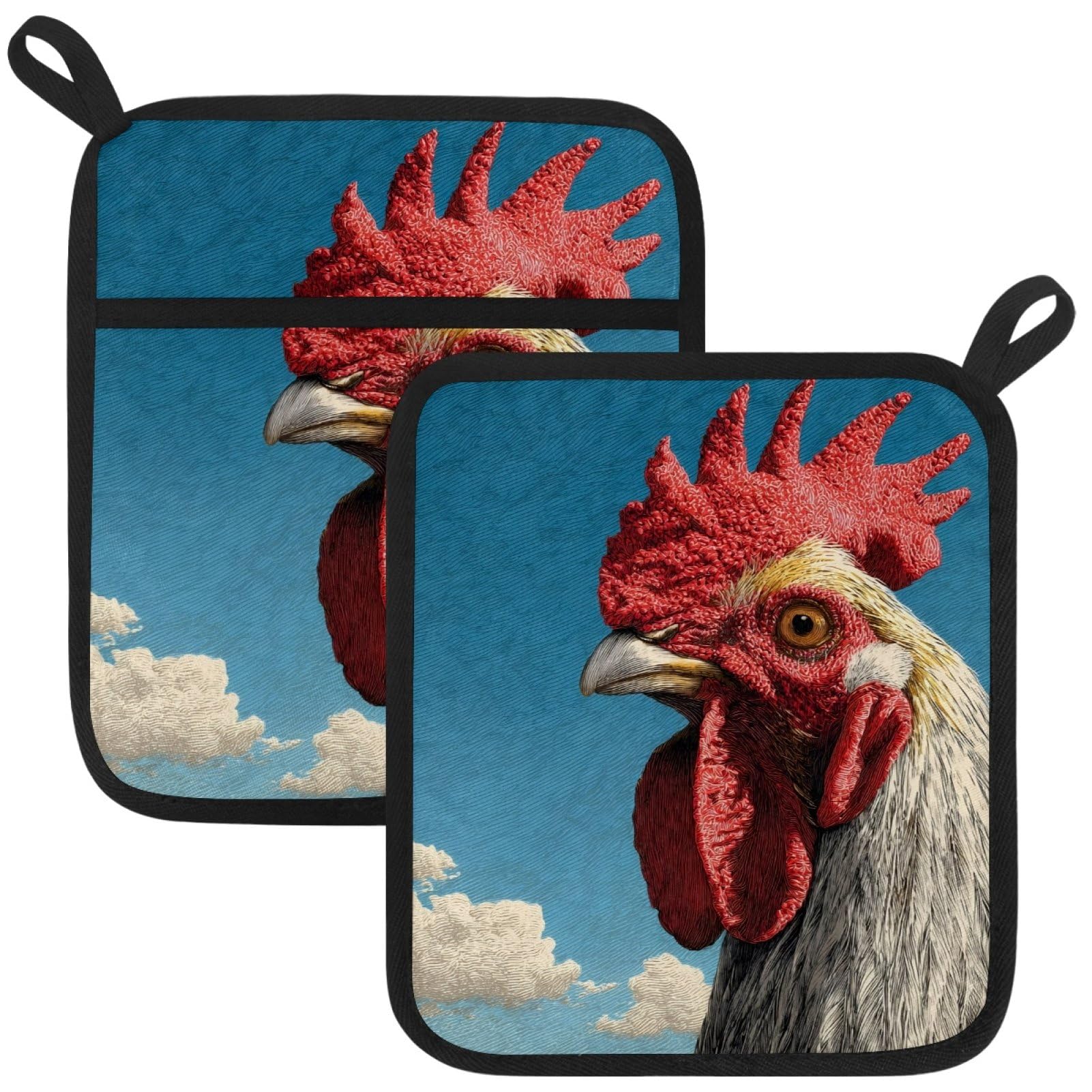 VAPOKF Rooster Heat Resistant Pot Holders, Thick Pot Holders Pad with Hanging Loop for Kitchen, Oven Cloth Pads for Kitchen Baking Microwave Oven