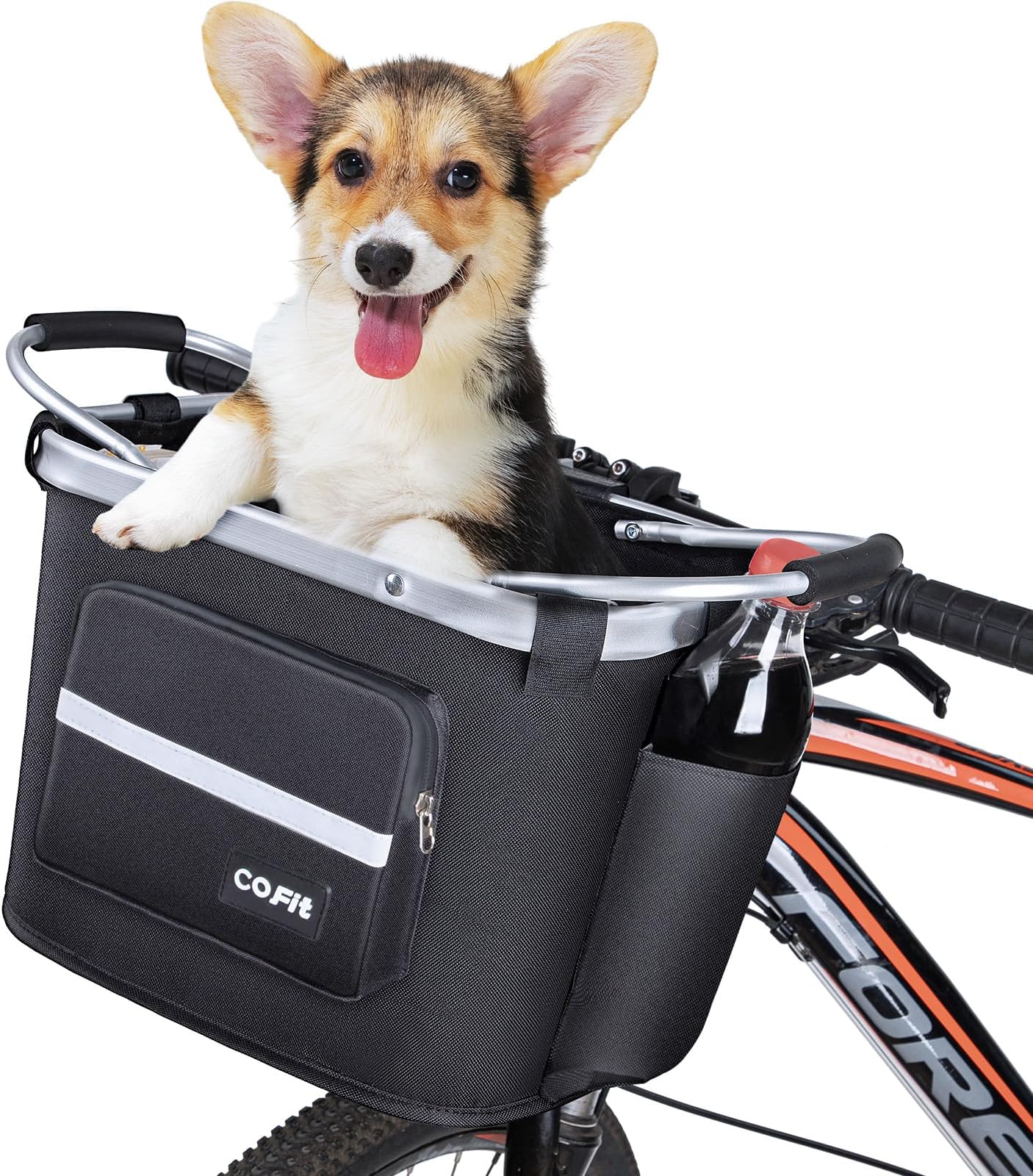 COFIT Detachable Bike Basket Front, Waterproof Dog Bicycle Carrier for Pet Cat, Shopping, Commuter, Camping, Outdoor Storage, Cycling Bag Accessories with Side Pouches, Black
