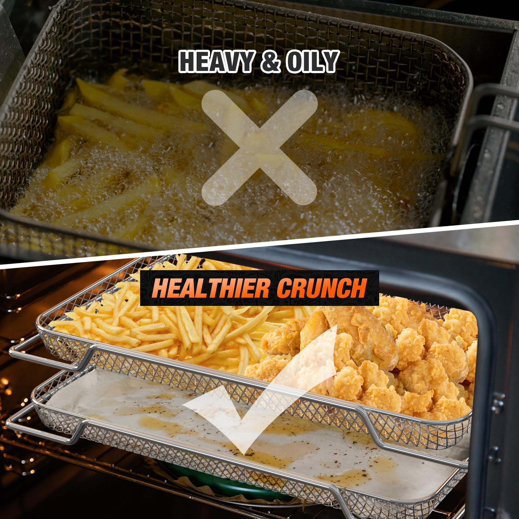 onlyfire 3 er Edelstahl Backofen Gitterkorb, 42 X 29.5cm Mesh-Grillkorb Frittierkorb Backofenkorb zum Backen, Pommes Frites, Gemüse Chicken Nuggets, Drahtgestell für Ofen