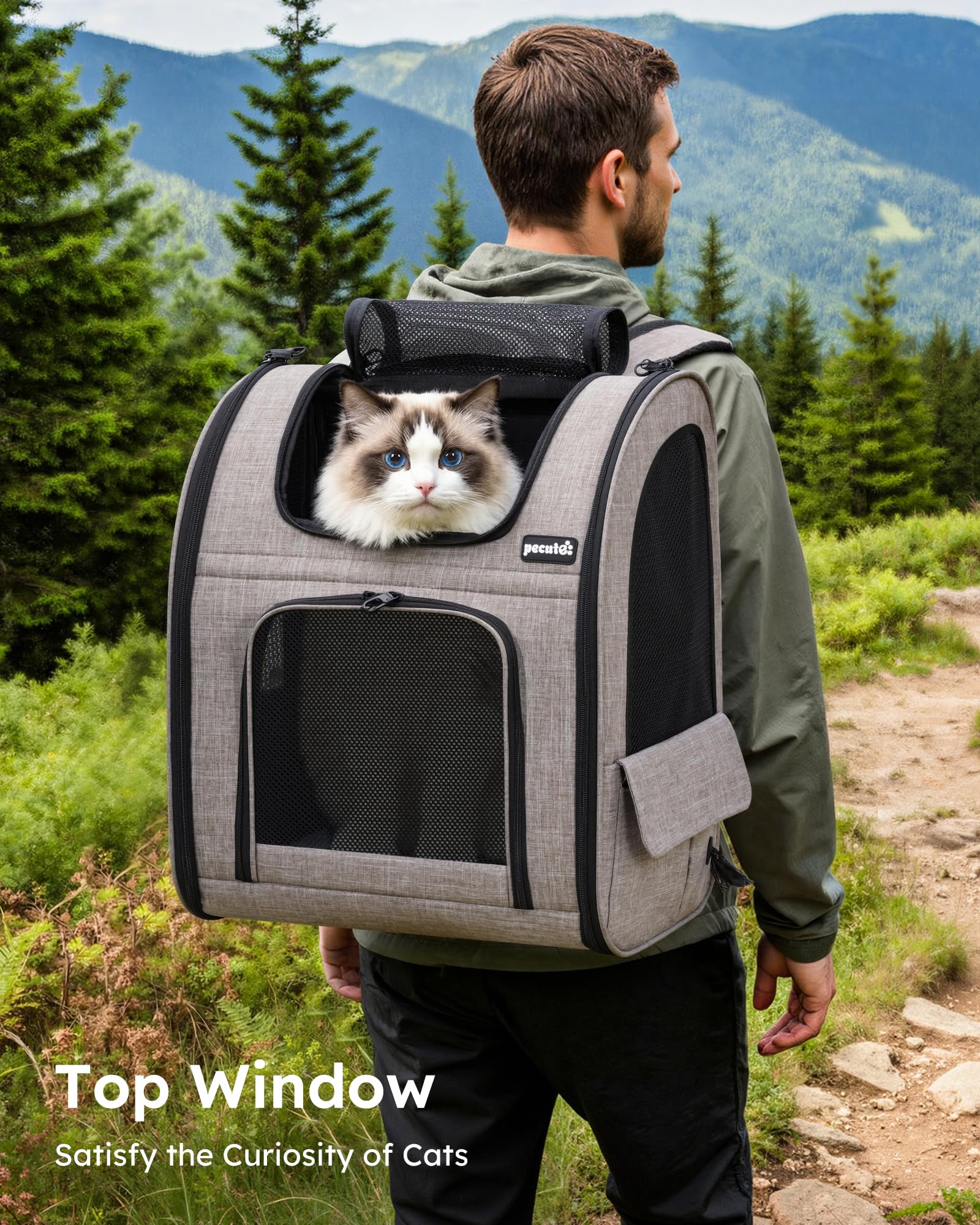 Pecute Cat Backpack Carrier XL, ExpandablePet Backpack for Cats & Small Dogs Up to 15lbs, with 4-Side Breathable Mesh, Multi-Entry & Lockable Zippers for Travel, Hiking, Camping - Hands Free, Khaki - image 4