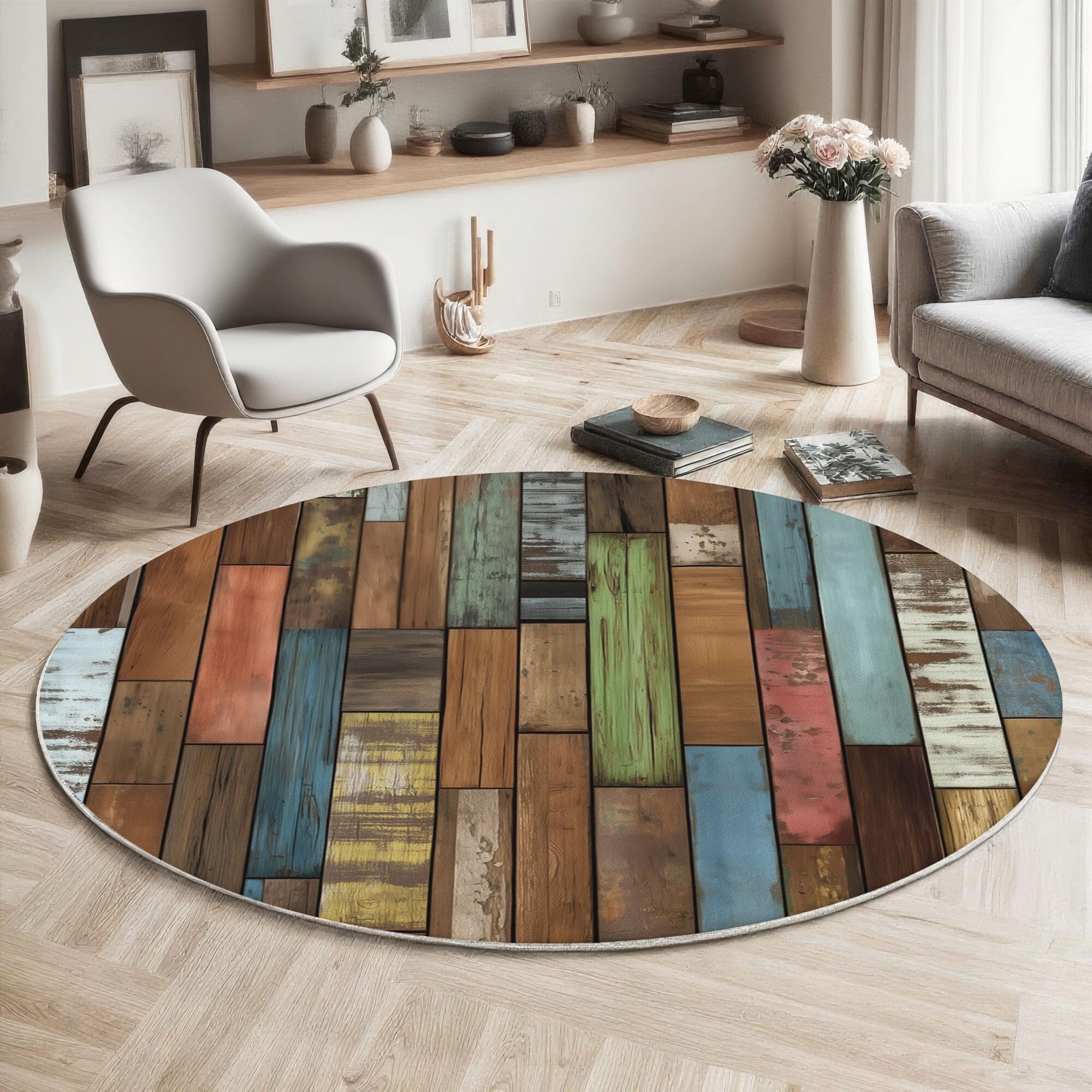 Tapis rond multicolore 120cm pour salon et salle à manger moderne
