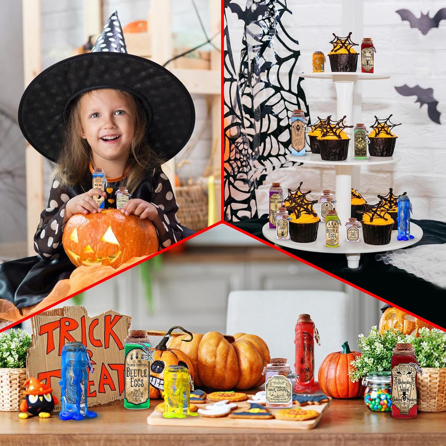 174 Pcs Apothecary Bottles with Cork, Indoor Witchcraft Supplies - Halloween Decorations with Labels, Pendants, Candles, Eye Screws, Twines for Tiered Tray Decor