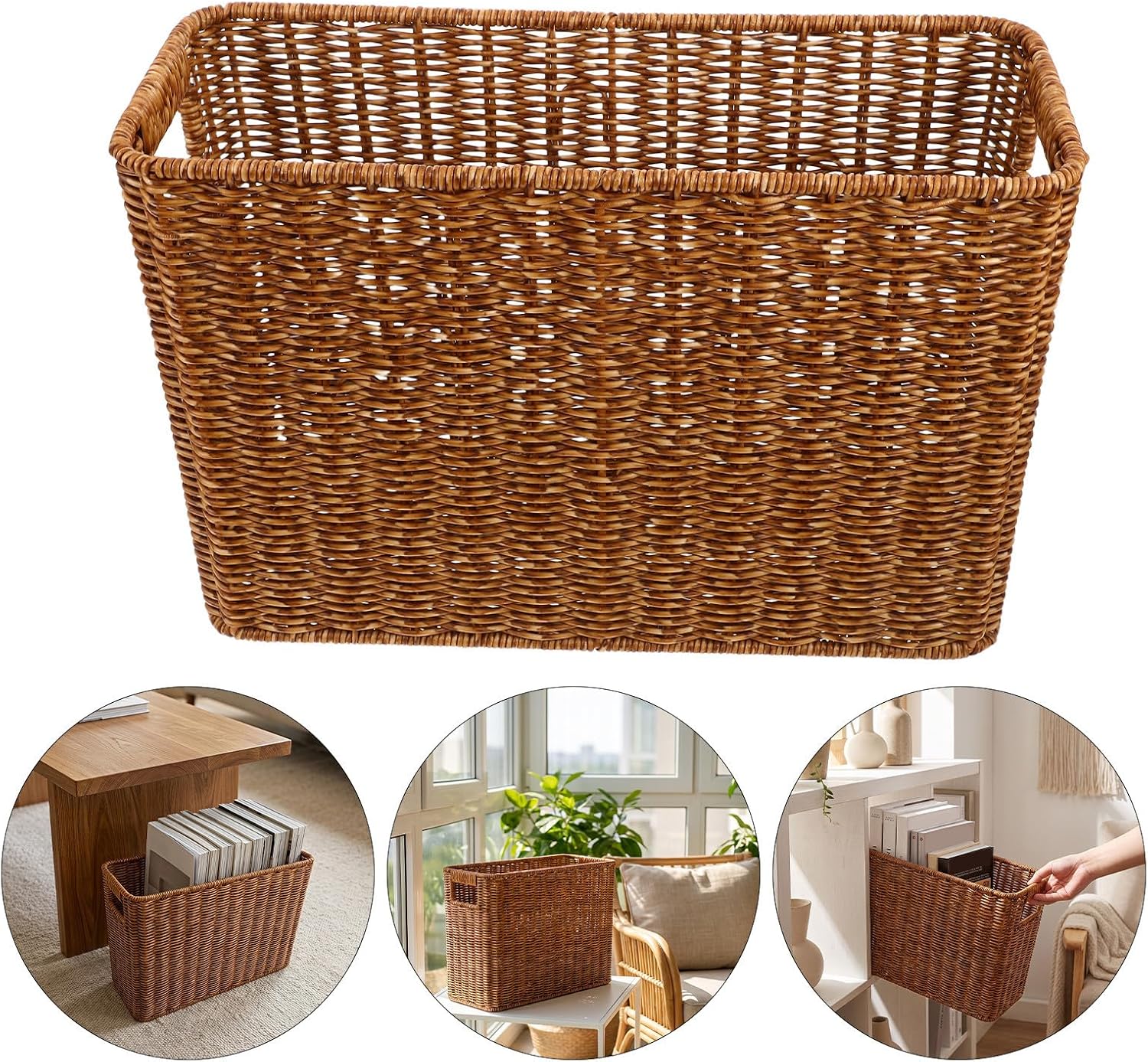 Japanese Magazine Storage Basket, Rectangular Rattan Style Organizer Bin