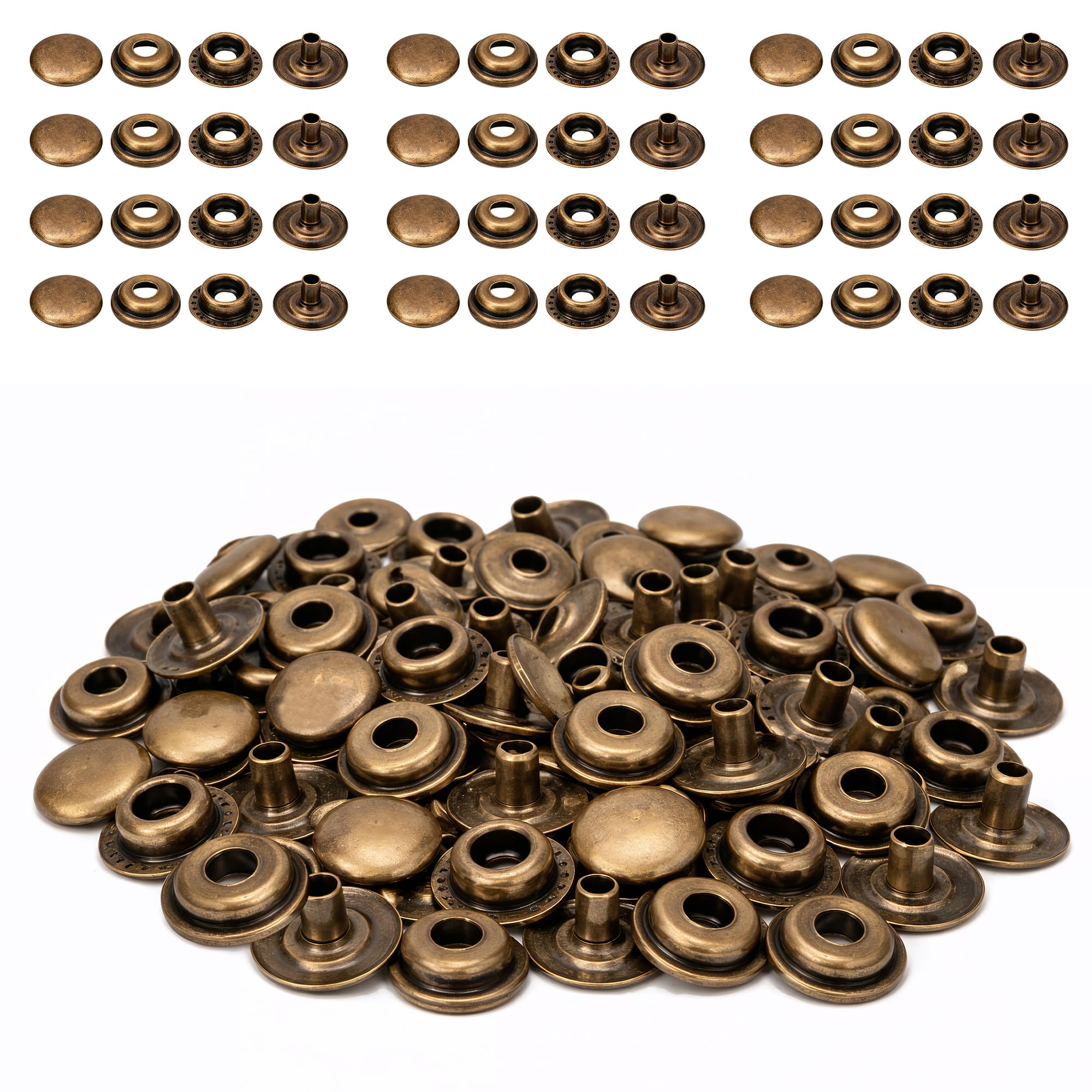 WedDecor 4 Parts Press Studs Snap Fasteners Button Replacement for Clothing, Canvas, Fabric, Wood, Fashion Accessory DIY Craft Project, 10mm, Bronze, 100pcs