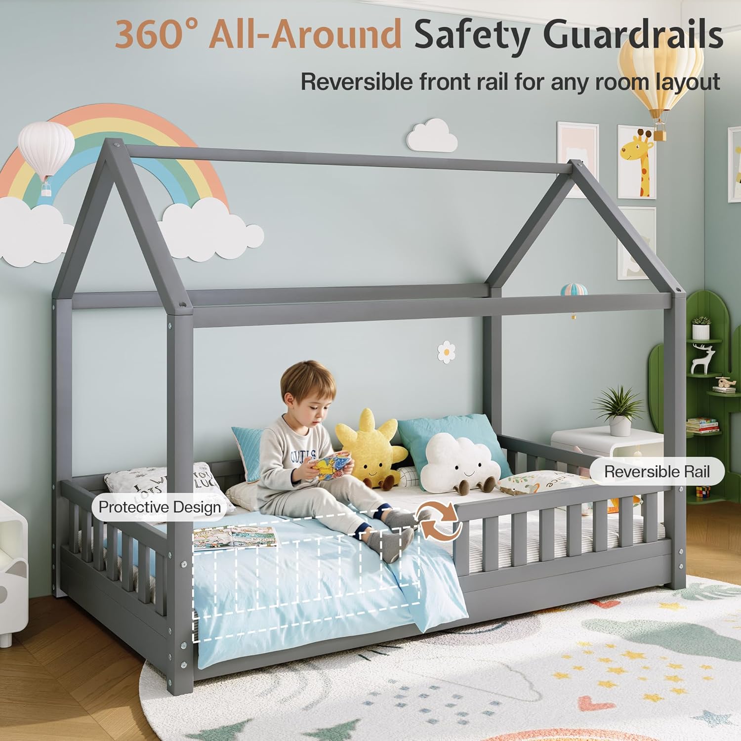 Jocisland Twin Size House Bed for Kids, Montessori 100% Wooden Floor Bed Frame with Guardrails, Removable Rails, Playhouse Roof, Easy Assembly, Toddler Floor Bed for Boys & Girls, Grey