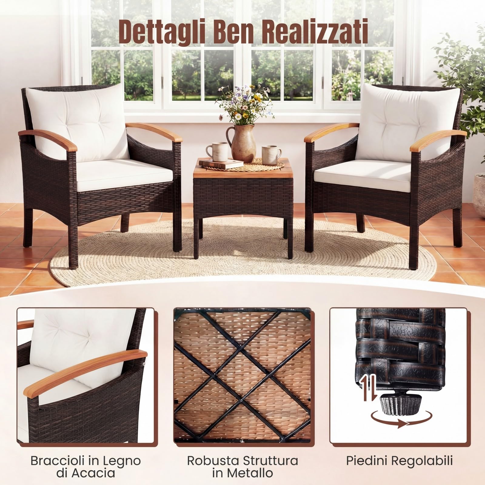 COSTWAY Set Salotto da Giardino per 2 Persone, Poltrone da Giardino in Rattan e Legno con Tavolino Laterale, Salottino da 3 Pezzi con Cuscini per Cortile, Veranda e Balcone (Bianco)