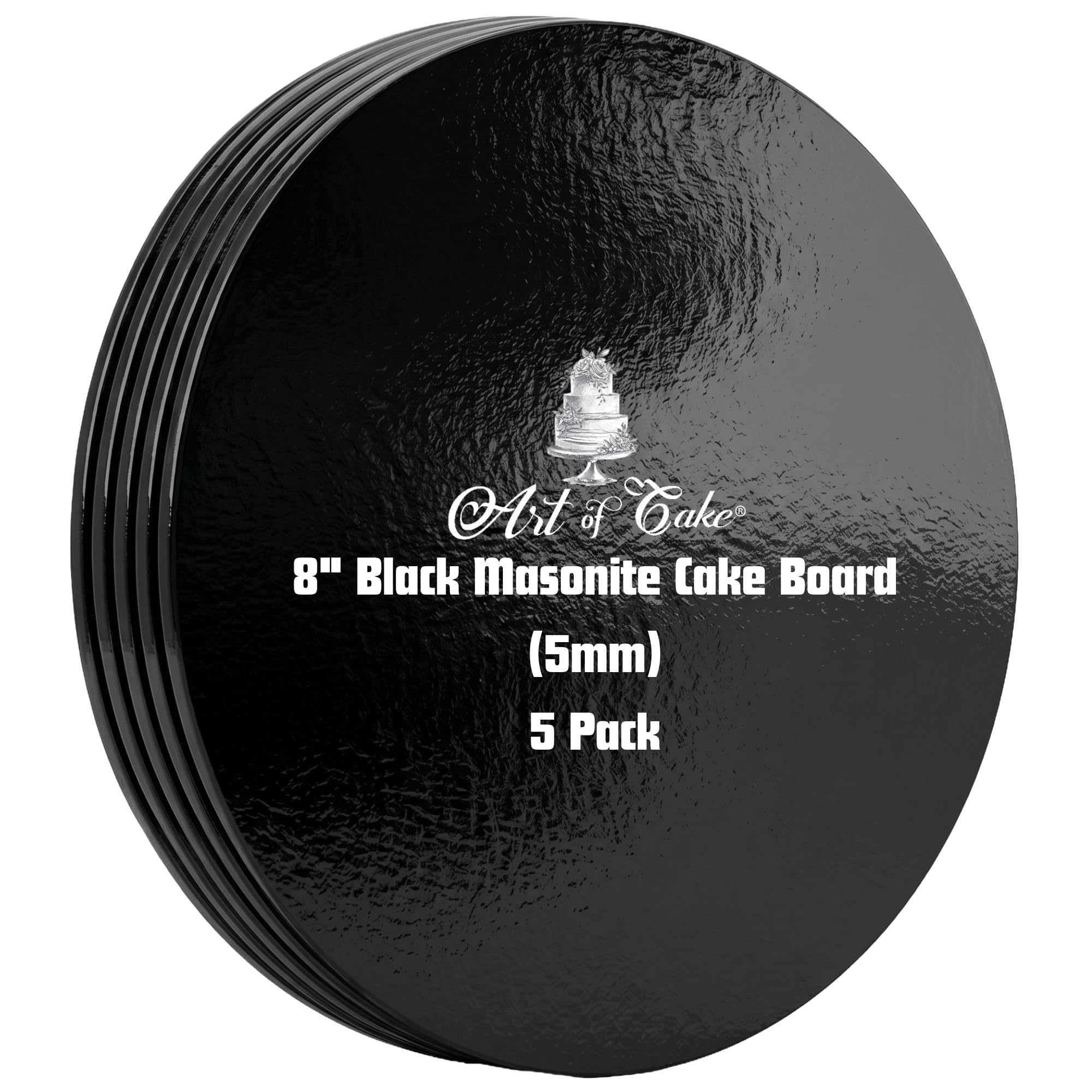 Art Of Cake® Masonite Cake Board, Strong Round Cake Board, Cake Drum, 5mm Thick, Pack of 5 (Black, 8")