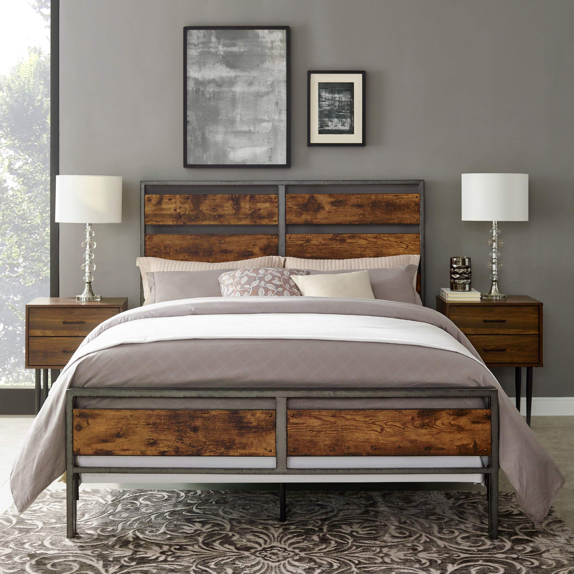 Walker Edison Wood Plank Metal Queen Size Bed Frame Bedroom Headboard Footboard Bed Frame Bedroom, Queen, Reclaimed Wood