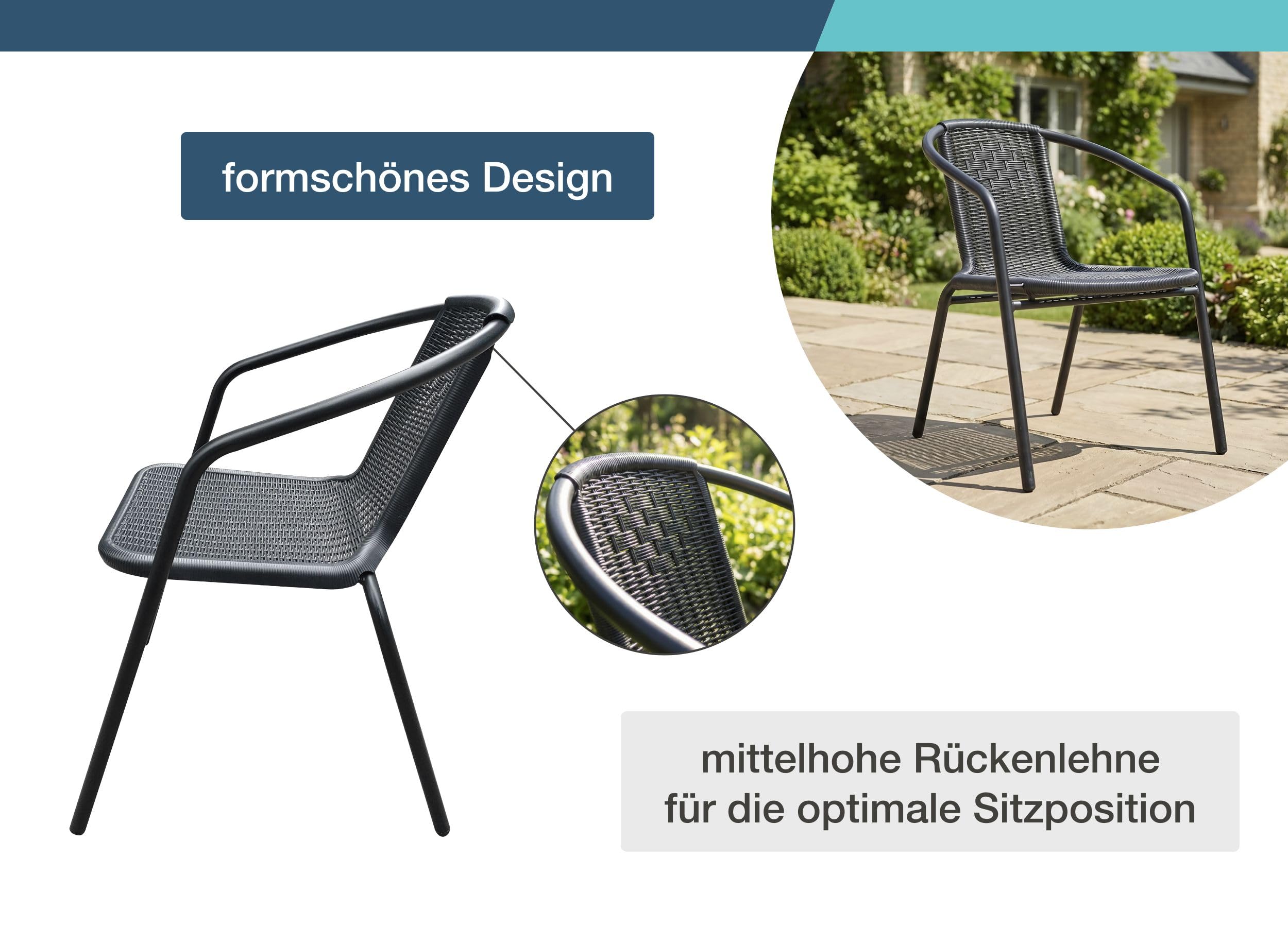 LC Garden Garvista 4er Stuhl Set Bistrostuhl Stapelstuhl, Gartenstuhl, Terassenstuhl, stapelbarer Armlehnstuhl mit Metallgestell in schwarz und Polyrattangeflecht